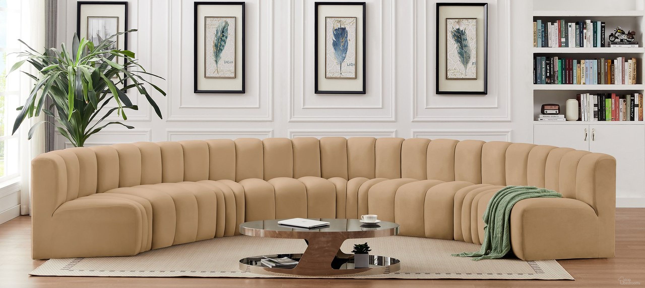 The appearance of Arc Velvet 8 Piece Modular Sofa In Camel designed by Meridian in the modern / contemporary interior design. This camel piece of furniture  was selected by 1StopBedrooms from Arc Collection to add a touch of cosiness and style into your home. Sku: 103Camel-ST;103Camel-ST;103Camel-ST;103Camel-ST;103Camel-CC;103Camel-CC;103Camel-CC;103Camel-CC. Material: Velvet. Layout: Modular.