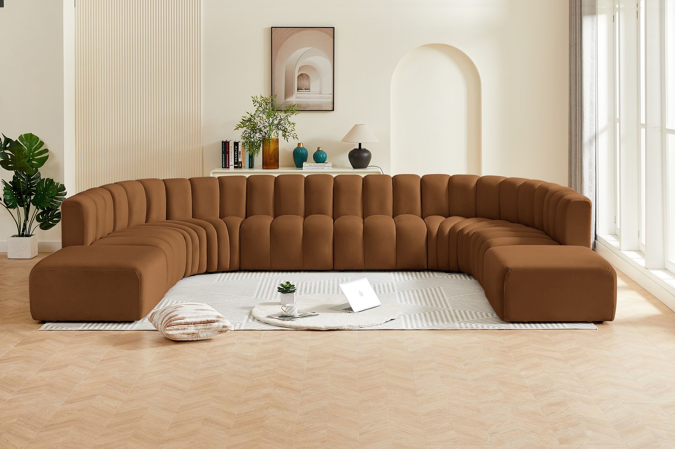 The appearance of Arc Velvet 10 Piece Modular Sofa In Saddle designed by Meridian in the modern / contemporary interior design. This saddle piece of furniture  was selected by 1StopBedrooms from Arc Collection to add a touch of cosiness and style into your home. Sku: 103Saddle-ST;103Saddle-ST;103Saddle-ST;103Saddle-ST;103Saddle-CC;103Saddle-CC;103Saddle-CC;103Saddle-CC;103Saddle-Ott;103Saddle-Ott. Material: Velvet. Layout: Modular.