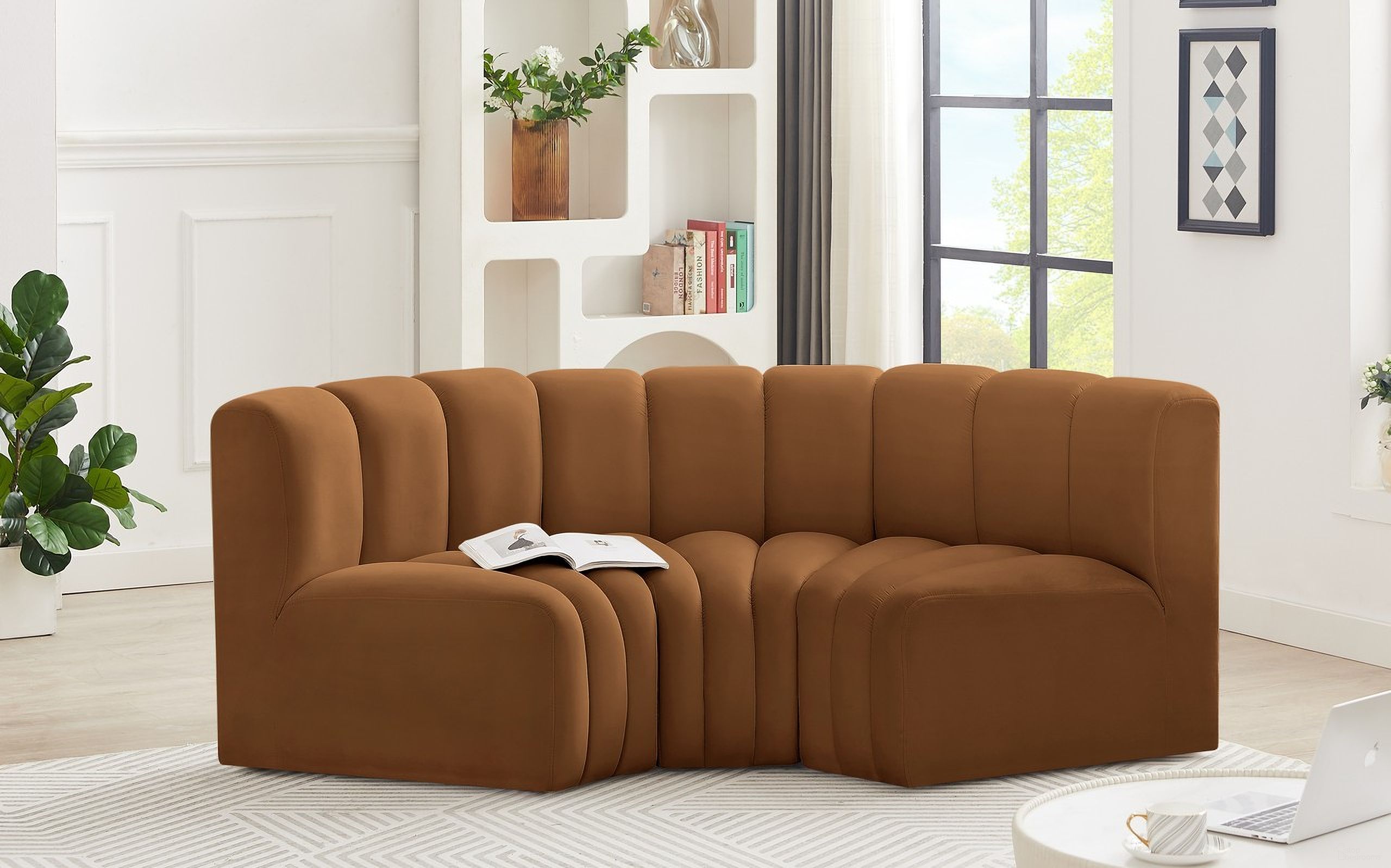 Arc Velvet 3 Piece Modular Sofa In Saddle