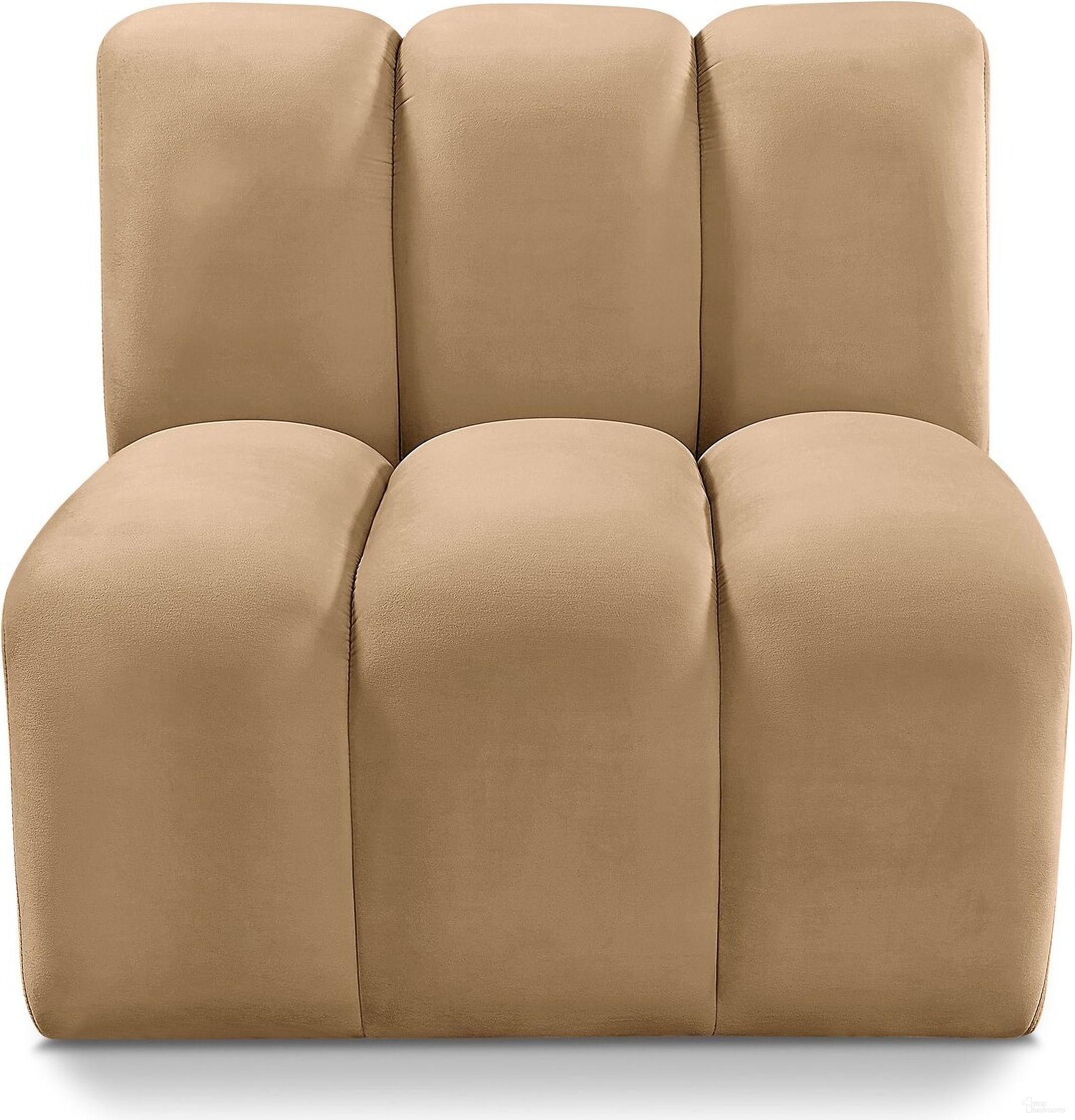 The appearance of Arc Velvet Straight Chair In Camel designed by Meridian in the modern / contemporary interior design. This camel piece of furniture  was selected by 1StopBedrooms from Arc Collection to add a touch of cosiness and style into your home. Sku: 103Camel-ST. Material: Velvet.