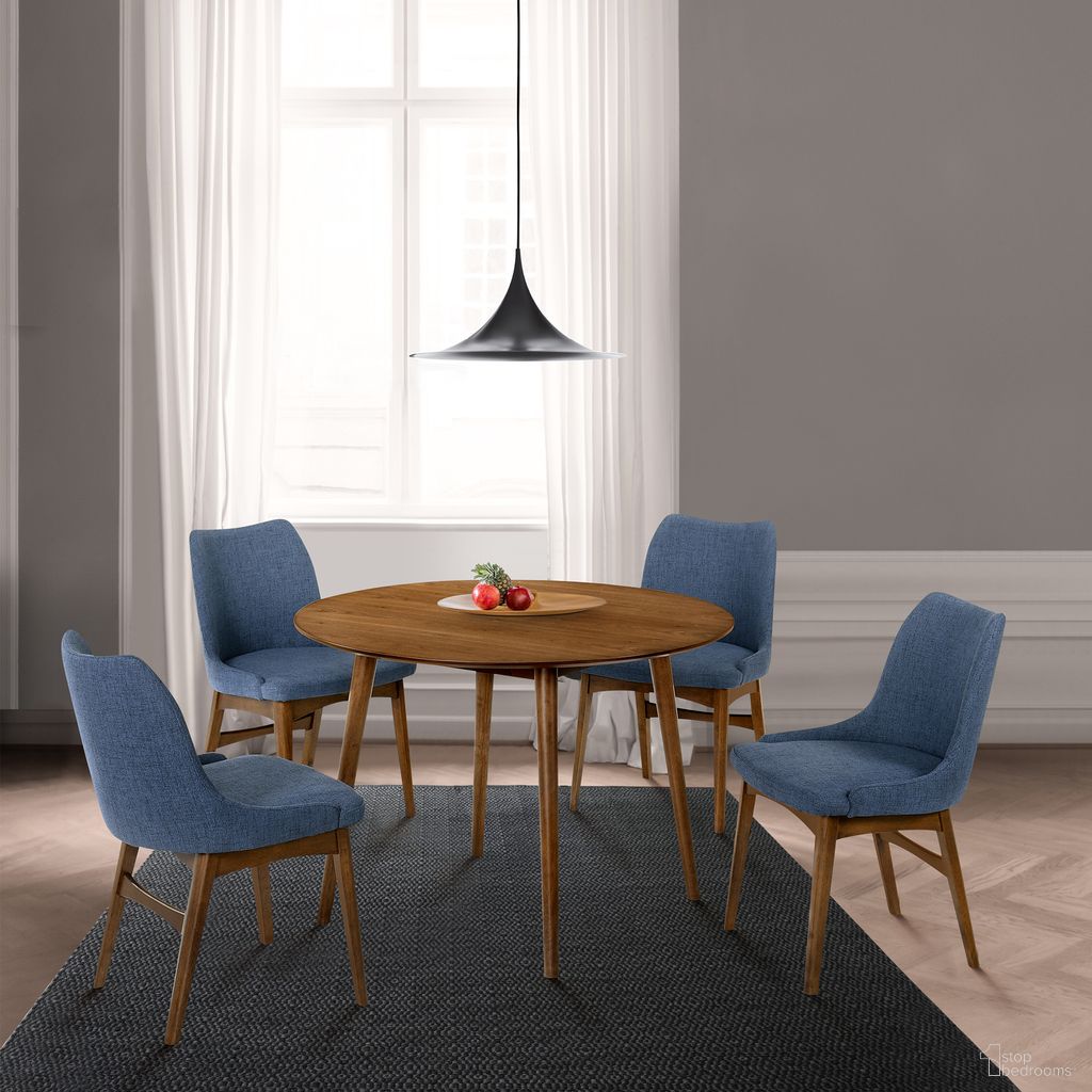 The appearance of Arcadia and Azalea 42 Inch Round Blue and Walnut Wood 5-Piece Dining Set designed by Armen Living in the transitional interior design. This blue piece of furniture was selected by 1StopBedrooms from Arcadia and Azalea Collection to add a touch of cosiness and style into your home. Sku: LCARDIWA42;LCAZSIWABLU;LCAZSIWABLU. Material: Rubberwood.