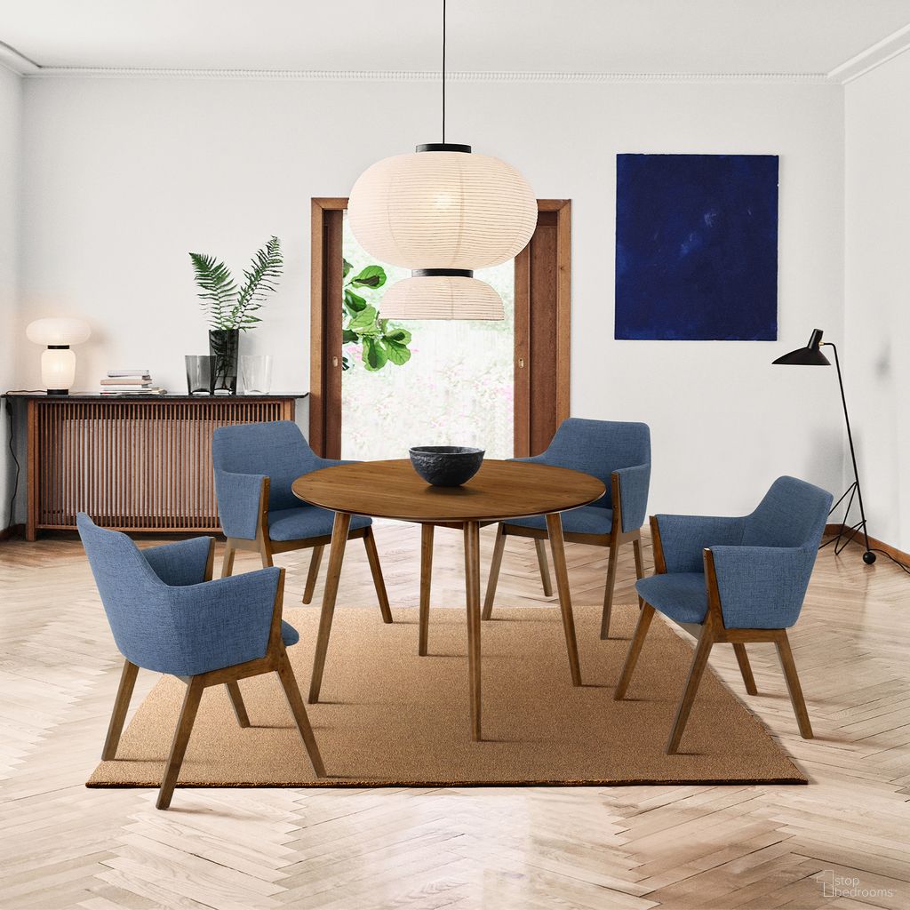 The appearance of Arcadia and Renzo 42 Inch Round Blue and Walnut Wood 5-Piece Dining Set designed by Armen Living in the transitional interior design. This blue piece of furniture was selected by 1StopBedrooms from Arcadia and Renzo Collection to add a touch of cosiness and style into your home. Sku: LCARDIWA42;LCRESIWABLU;LCRESIWABLU. Material: Rubberwood.