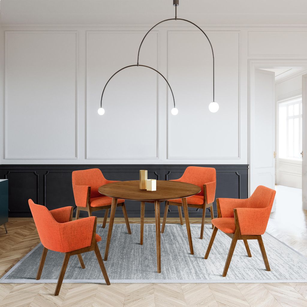 Arcadia and Renzo 42 Inch Round Orange and Walnut Wood 5-Piece Dining Set