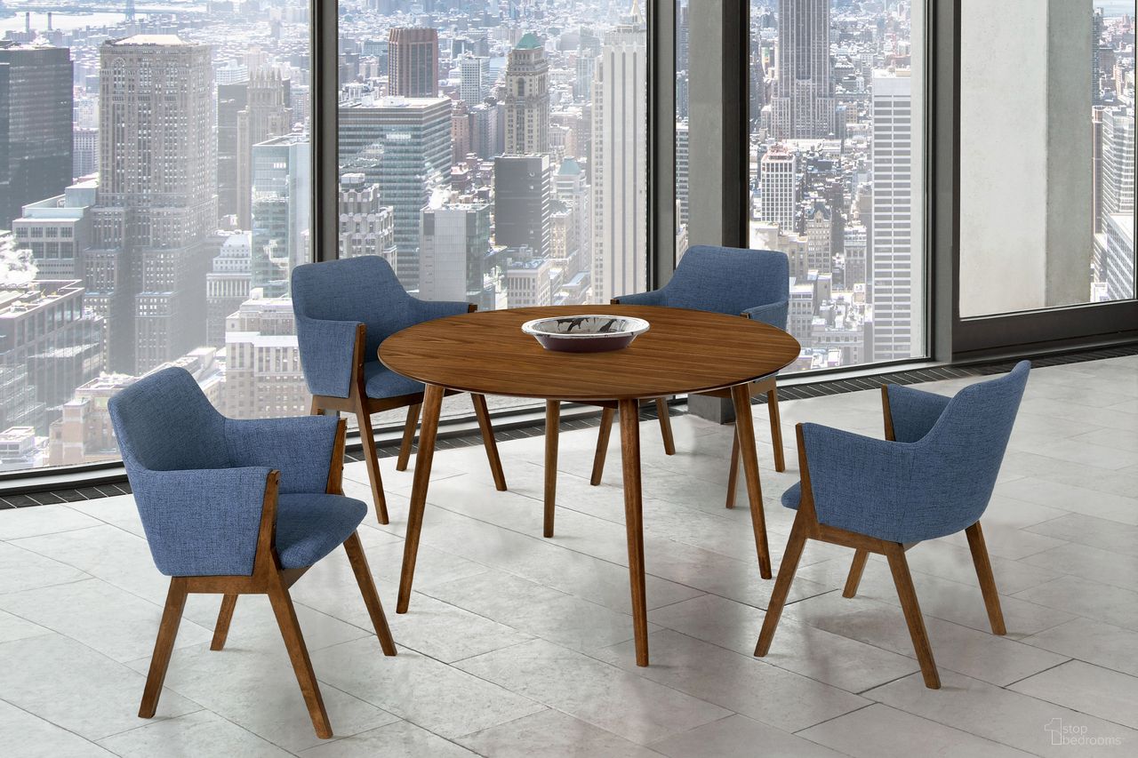 The appearance of Arcadia and Renzo 48 Inch Round Blue and Walnut Wood 5-Piece Dining Set designed by Armen Living in the transitional interior design. This blue piece of furniture was selected by 1StopBedrooms from Arcadia and Renzo Collection to add a touch of cosiness and style into your home. Sku: LCARDIWA48;LCRESIWABLU;LCRESIWABLU. Material: Rubberwood.