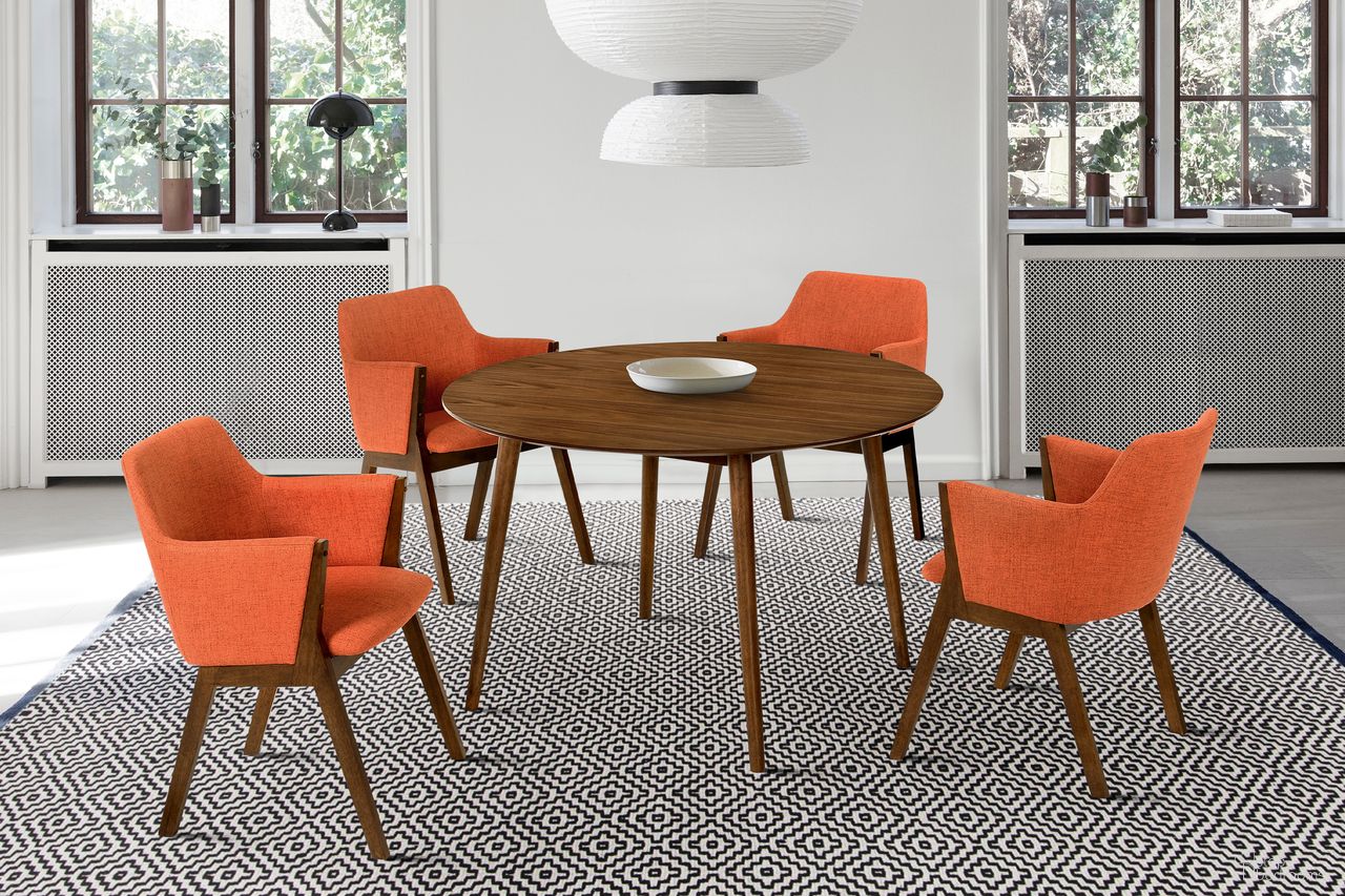 Arcadia and Renzo 48 Inch Round Orange and Walnut Wood 5-Piece Dining Set