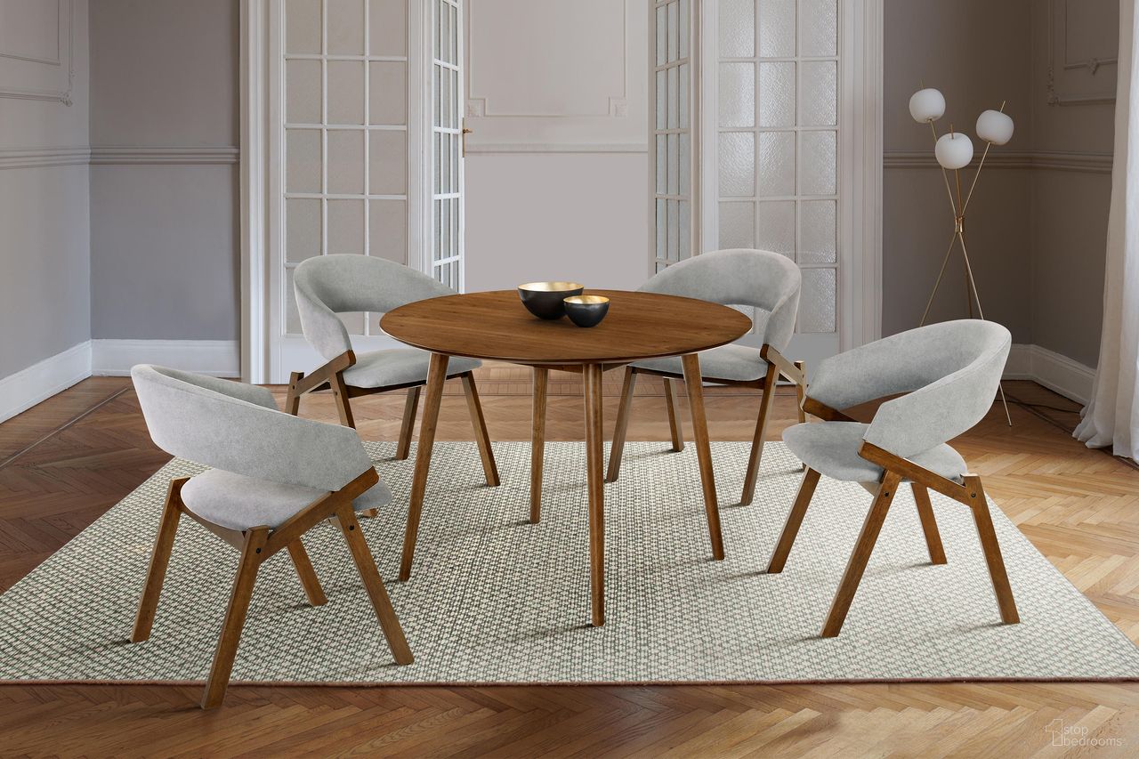 The appearance of Arcadia and Talulah 42 Inch Round Gray and Walnut Wood 5-Piece Dining Set designed by Armen Living in the transitional interior design. This walnut piece of furniture  was selected by 1StopBedrooms from Arcadia and Talulah Collection to add a touch of cosiness and style into your home. Sku: LCARDIWA42;LCTASIGRWA;LCTASIGRWA. Material: Rubberwood.