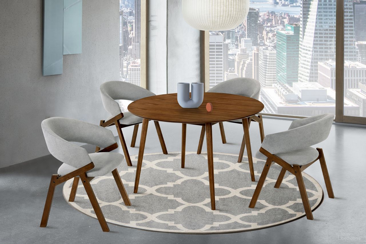 The appearance of Arcadia and Talulah 48 Inch Round Gray and Walnut Wood 5-Piece Dining Set designed by Armen Living in the transitional interior design. This walnut piece of furniture was selected by 1StopBedrooms from Arcadia and Talulah Collection to add a touch of cosiness and style into your home. Sku: LCARDIWA48;LCTASIGRWA;LCTASIGRWA. Material: Rubberwood.