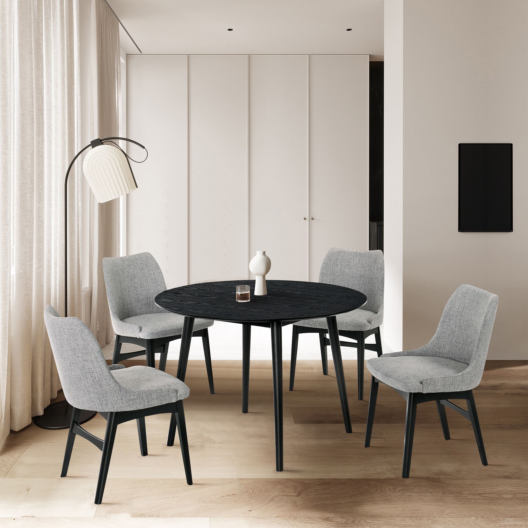 The appearance of Arcadia Black 42 Inch Round Dining Room Set with Azalea Chairs designed by Armen Living in the modern / contemporary interior design. This black piece of furniture was selected by 1StopBedrooms from Arcadia Collection to add a touch of cosiness and style into your home. Sku: LCARDIBL42;LCAZSIBLGR. Table Base Style: Legs. Material: Rubberwood. Size: 42".