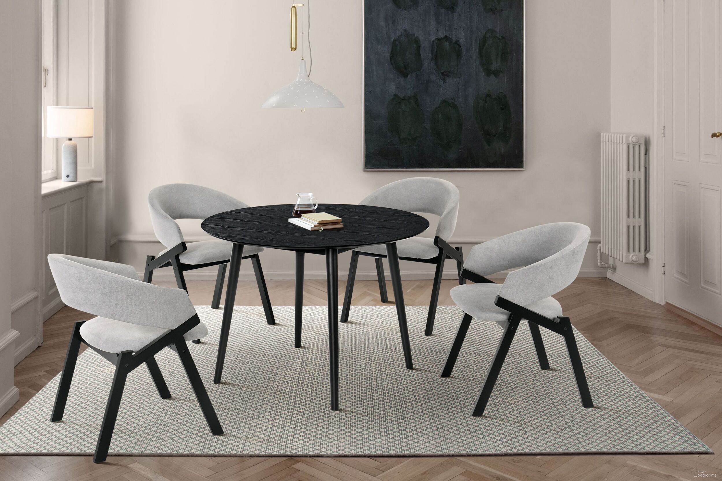 The appearance of Arcadia Black 42 Inch Round Dining Room Set with Talulah Chairs designed by Armen Living in the modern / contemporary interior design. This black piece of furniture was selected by 1StopBedrooms from Arcadia Collection to add a touch of cosiness and style into your home. Sku: LCARDIBL42;LCTASIGRWA;LCTASIGRWA. Table Base Style: Legs. Material: Rubberwood. Size: 42".