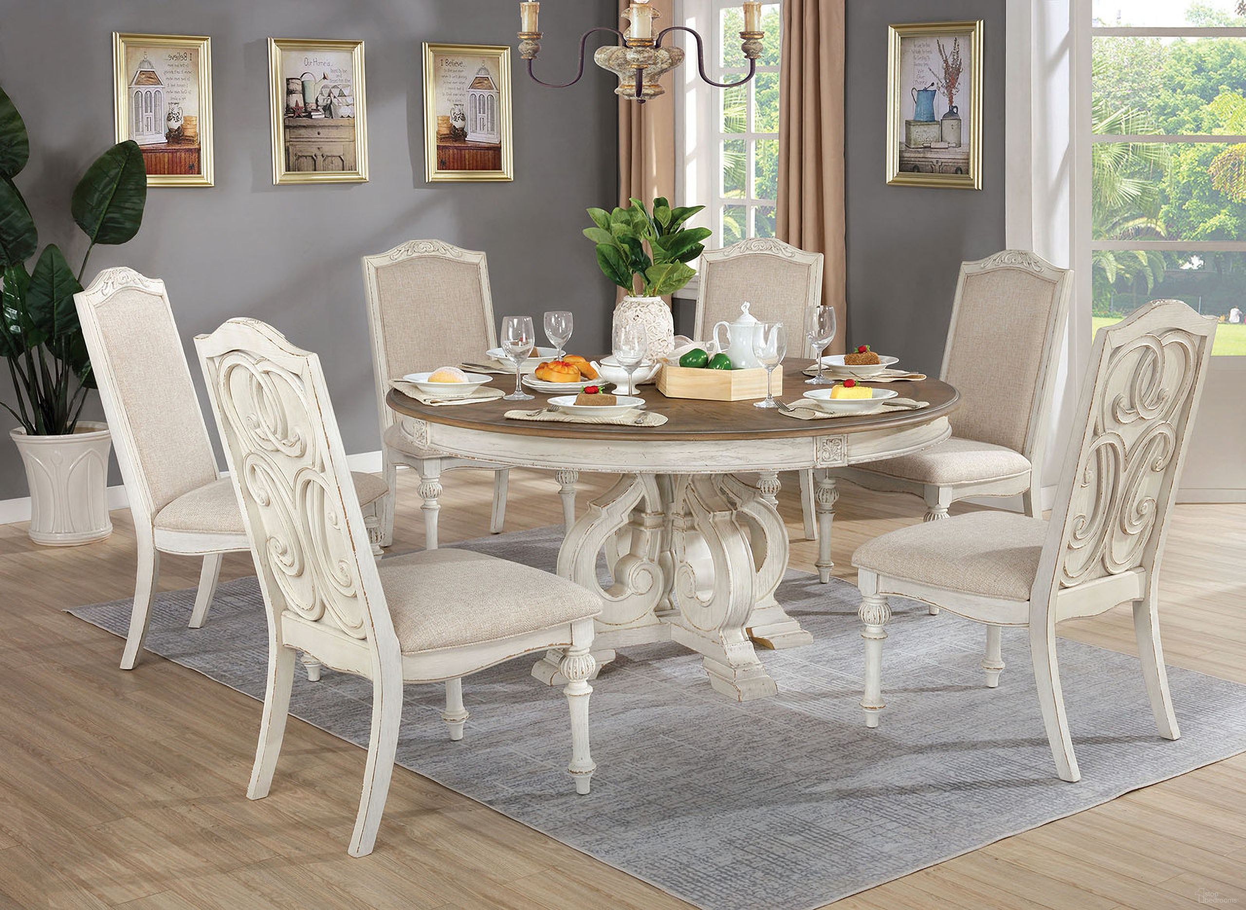 The appearance of Arcadia Round Dining Room Set In Antique White and Ivory designed by Furniture of America in the rustic / southwestern interior design. This antique white and ivory piece of furniture was selected by 1StopBedrooms from Arcadia Collection to add a touch of cosiness and style into your home. Sku: CM3150WH-RT;CM3150WH-SC-2PK. Table Top Shape: Round. Material: Wood. Size: 60".