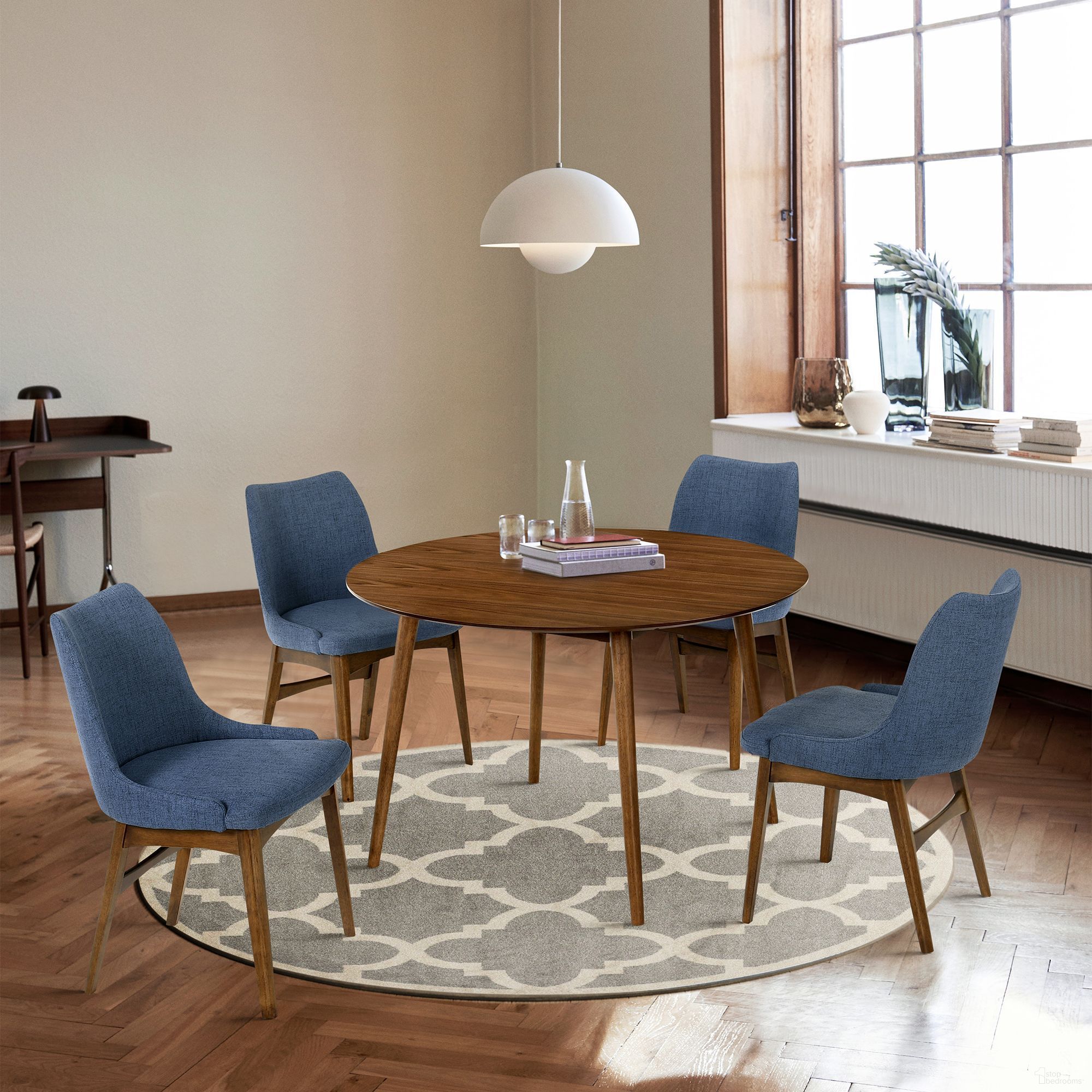 The appearance of Arcadia Walnut 48 Inch Round Dining Room Set with Azalea Chairs designed by Armen Living in the modern / contemporary interior design. This brown piece of furniture was selected by 1StopBedrooms from Arcadia Collection to add a touch of cosiness and style into your home. Sku: LCARDIWA48;LCAZSIBLGR. Table Base Style: Legs. Material: Rubberwood. Size: 48".