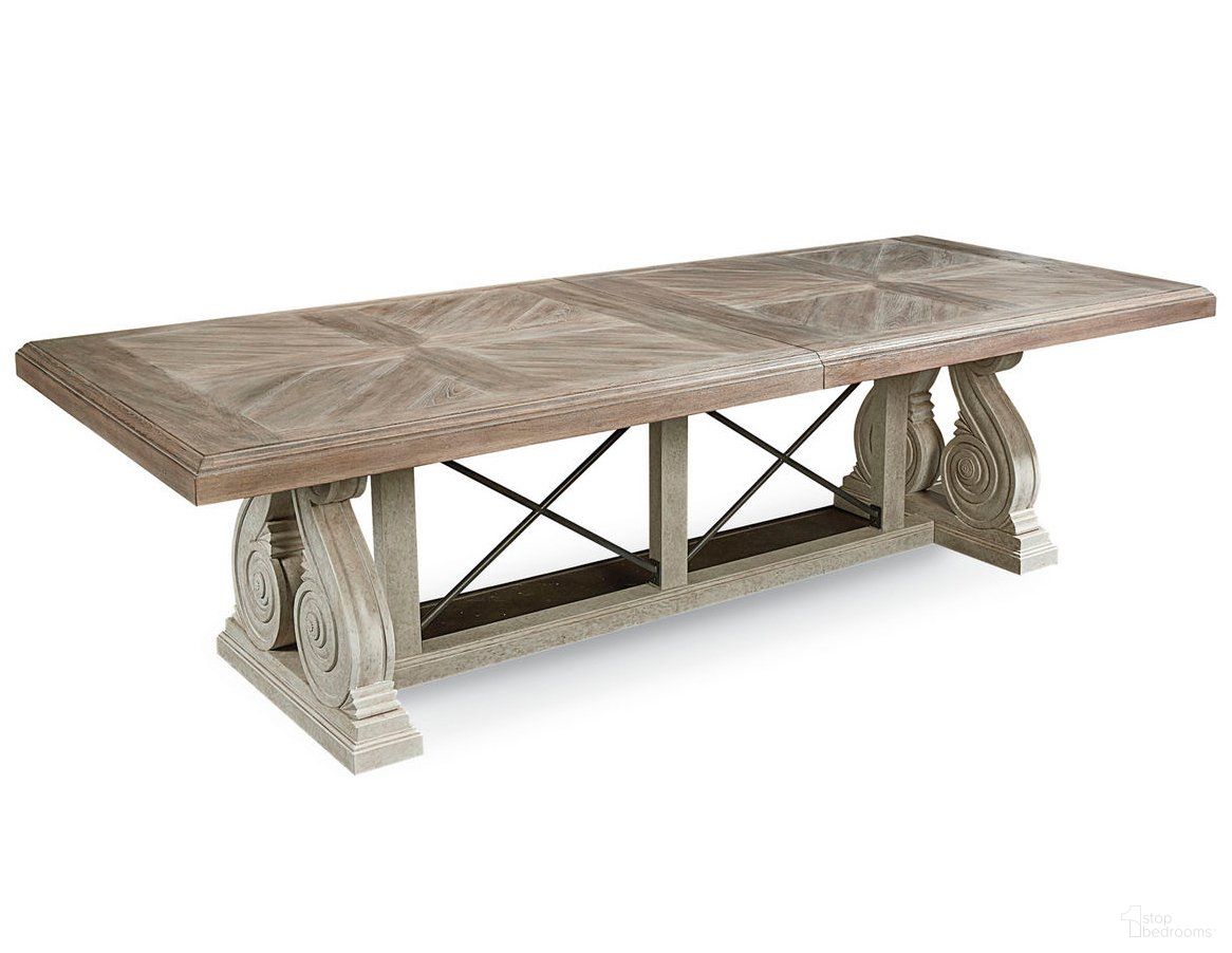 The appearance of Arch Salvage Parchment Pearce Extendable Rectangular Dining Table designed by A.R.T. in the modern / contemporary interior design. This brown piece of furniture  was selected by 1StopBedrooms from Arch Salvage Collection to add a touch of cosiness and style into your home. Sku: 233221-2802TP;233221-2817BS. Table Base Style: Trestle. Material: Wood. Table Top Shape: Rectangular. Size: 46" x 136".