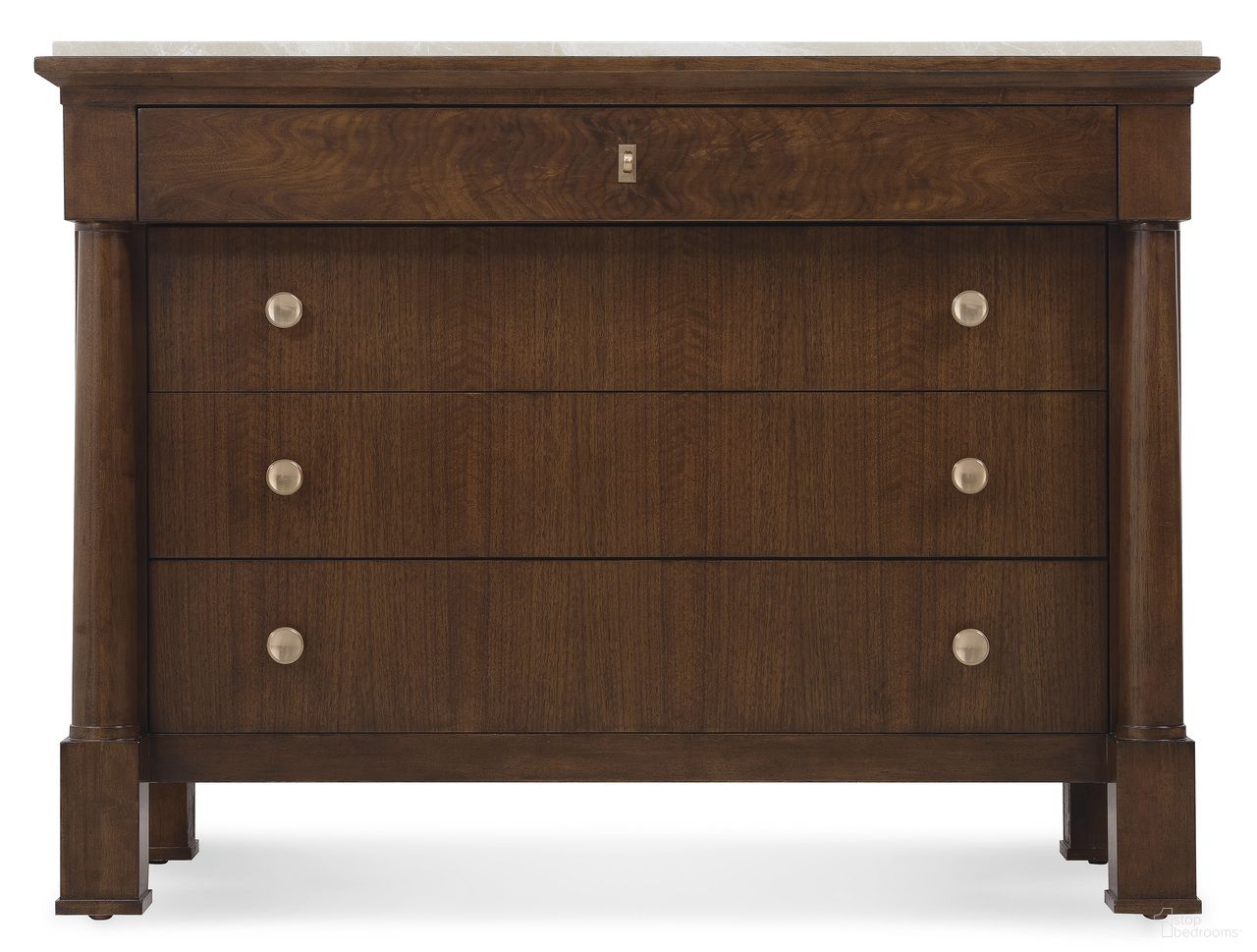The appearance of Archives Four-Drawer Chest In Dark Wood designed by Hooker in the traditional interior design. This dark wood piece of furniture was selected by 1StopBedrooms from Archives Collection to add a touch of cosiness and style into your home. Sku: 6123-90010-89. Material: Walnut Veneer.