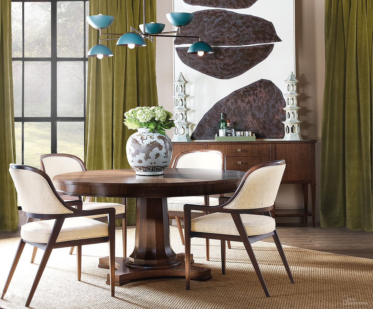 The appearance of Archives Round Pedestal Dining Room Set In Dark Wood designed by Hooker in the traditional interior design. This dark wood piece of furniture  was selected by 1StopBedrooms from Archives Collection to add a touch of cosiness and style into your home. Sku: 6123-75203-89;6123-75500-89. Table Top Shape: Round. Material: Resin. Size: 60".