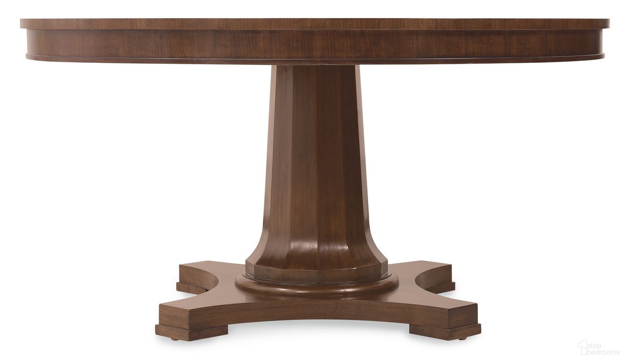 The appearance of Archives Round Pedestal Dining Table In Dark Wood designed by Hooker in the traditional interior design. This dark wood piece of furniture was selected by 1StopBedrooms from Archives Collection to add a touch of cosiness and style into your home. Sku: 6123-75203-89. Table Base Style: Pedestal. Table Top Shape: Round. Size: 60". Material: Walnut Veneer.