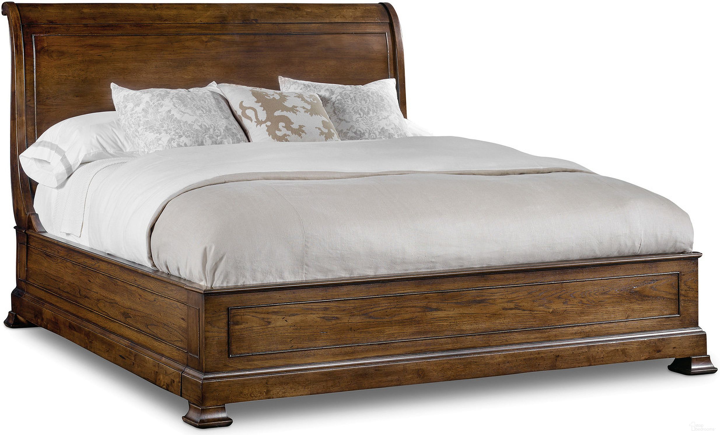 The appearance of Archivist Dark Wood King Low Sleigh Bed designed by Hooker in the traditional interior design. This dark wood piece of furniture was selected by 1StopBedrooms from Archivist Collection to add a touch of cosiness and style into your home. Sku: 5447-90453B;5447-90467;5447-90468B. Bed Type: Sleigh Bed. Bed Size: King. Material: Veneer.