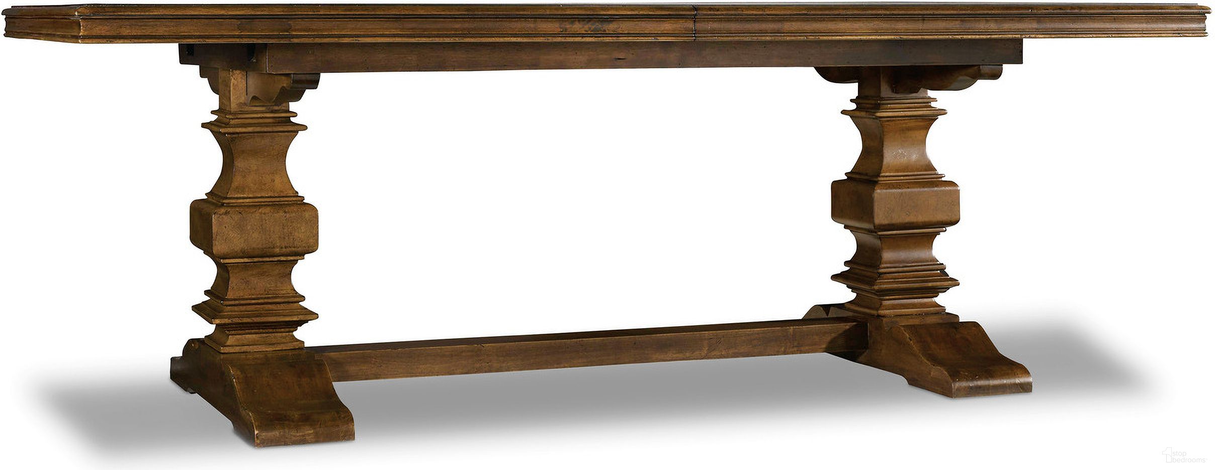 The appearance of Archivist Trestle Table With 2-18 Inch Leaves designed by Hooker in the traditional interior design. This dark wood piece of furniture was selected by 1StopBedrooms from Archivist Collection to add a touch of cosiness and style into your home. Sku: 5447-75003;5447-75004. Table Base Style: Trestle. Table Top Shape: Rectangular. Material: Veneer. Size: 44" x 86".