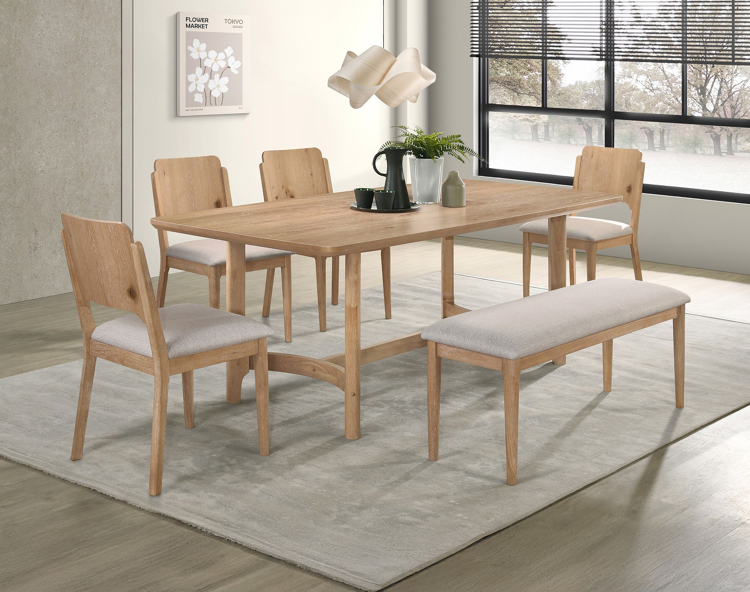 The appearance of Arden Dining Set In White Oak designed by Crown Mark in the transitional interior design. This white oak piece of furniture was selected by 1StopBedrooms from Arden Collection to add a touch of cosiness and style into your home. Sku: 2136T-4079;2136S. Material: MDF. Table Top Shape: Rectangular. Size: 39" x 79".