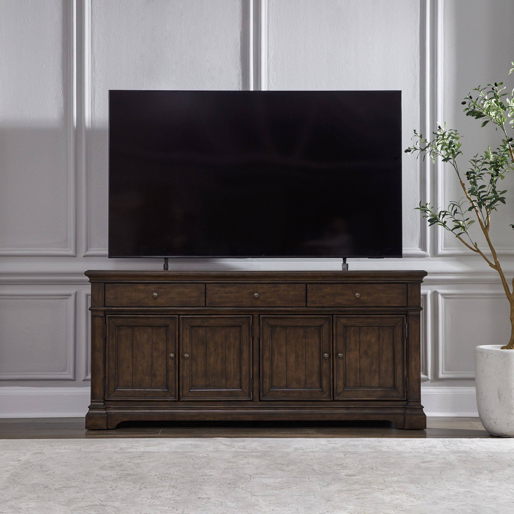 The appearance of Arden Road 74 Inch TV Console In Cherry designed by Liberty in the traditional interior design. This cherry piece of furniture was selected by 1StopBedrooms from Arden Road Collection to add a touch of cosiness and style into your home. Sku: 512-TV74. Material: Poplar Solid.