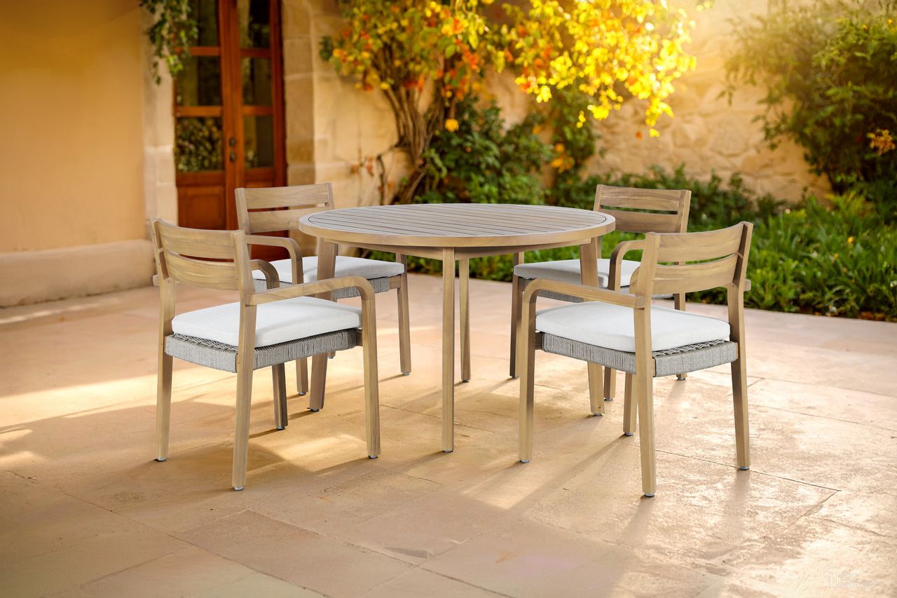 The appearance of Arden Round Patio Dining Room Set In White and Natural designed by New Classic in the transitional interior design. This white/natural piece of furniture was selected by 1StopBedrooms from Arden Collection to add a touch of cosiness and style into your home. Sku: G6235-DT;G6235-DC. Table Top Shape: Round. Material: Solid Wood.