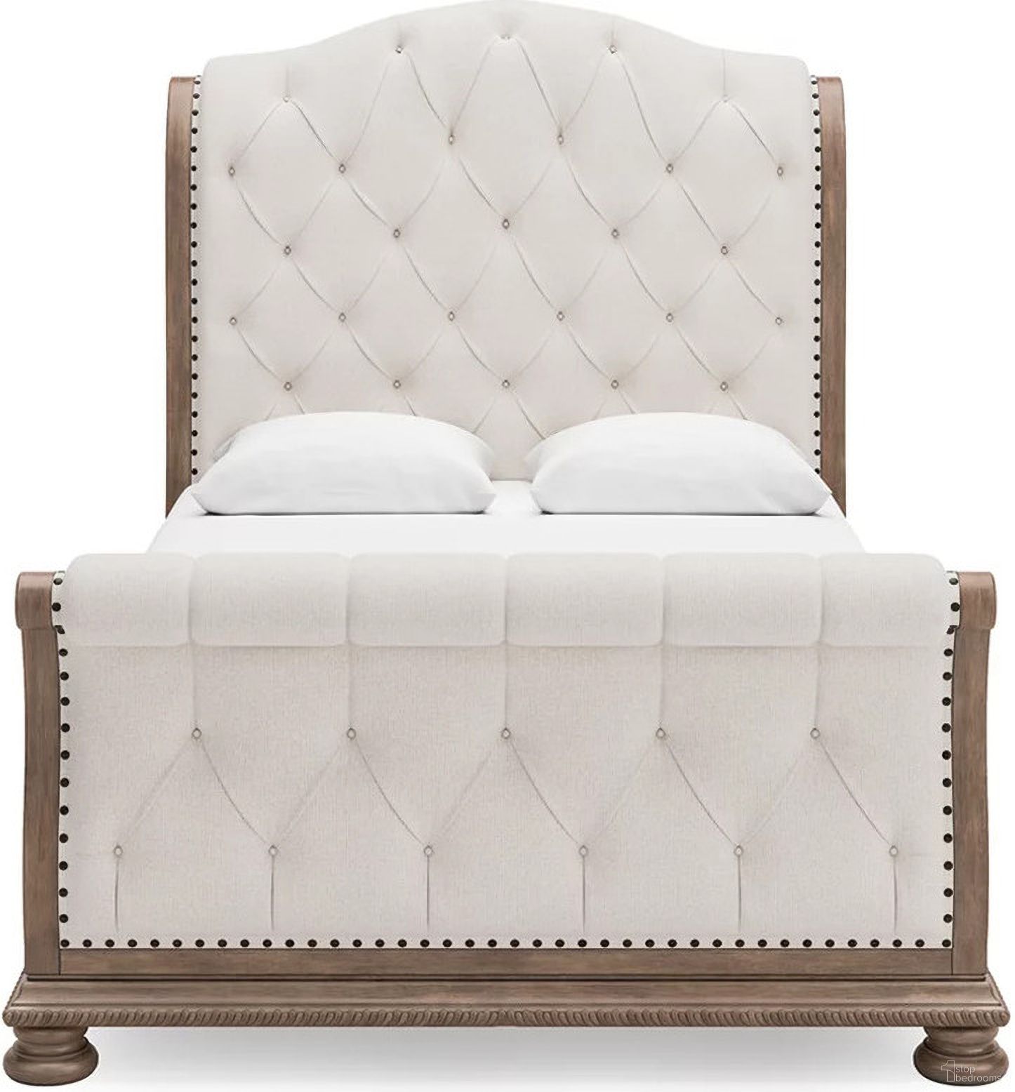 The appearance of Ardenfield Queen Upholstered Sleigh Bed In Light Brown designed by Signature Design by Ashley in the traditional interior design. This light brown piece of furniture  was selected by 1StopBedrooms from Ardenfield Collection to add a touch of cosiness and style into your home. Sku: B944-54;B944-57;B944-97. Bed Type: Sleigh Bed. Material: Fabric. Bed Size: Queen.