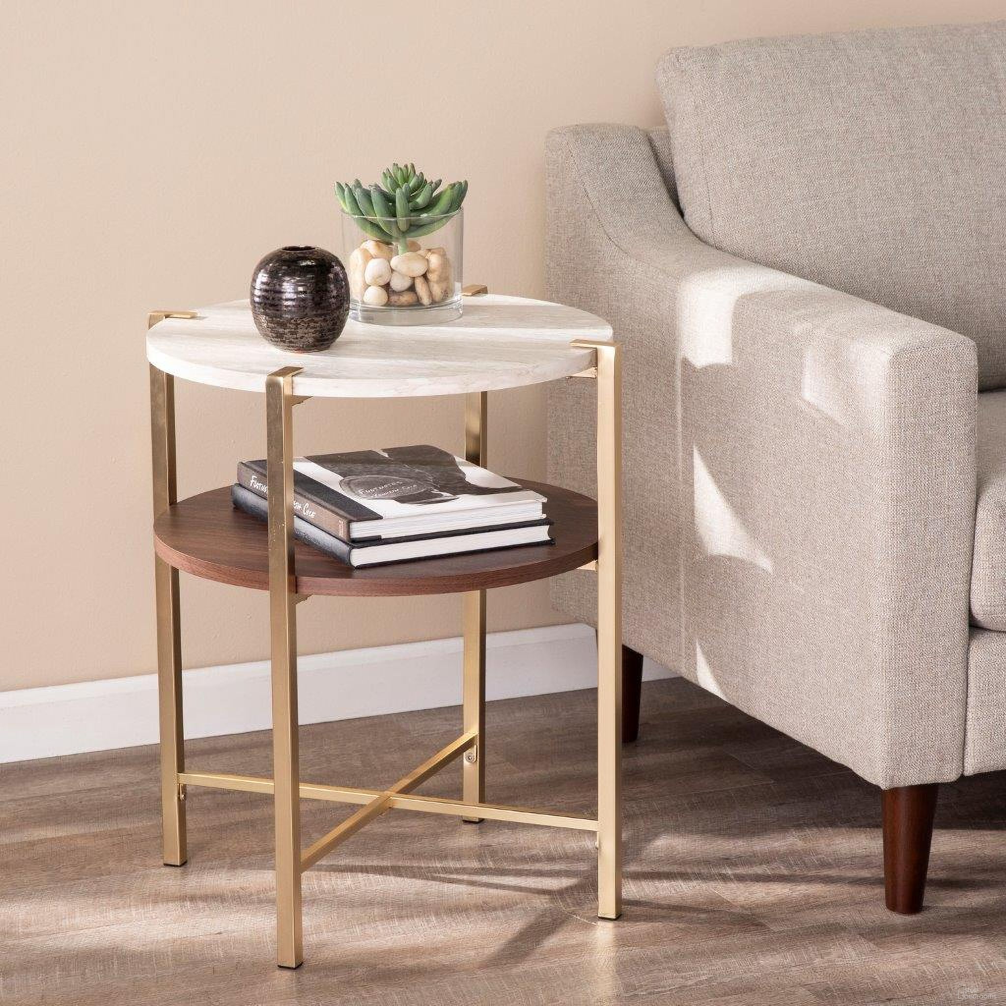 The appearance of Ardmillan Round End Table With Faux Marble Top designed by SEI Furniture in the transitional interior design. This brass piece of furniture  was selected by 1StopBedrooms from Ardmillan Collection to add a touch of cosiness and style into your home. Sku: CK1004992. Material: Wood.