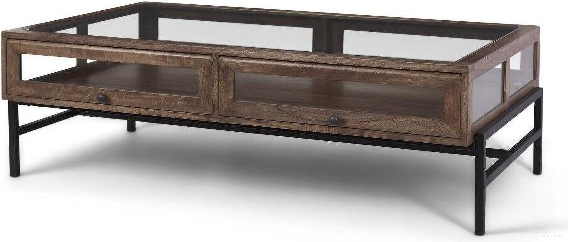 The appearance of Arelius 42 Inch Rectangular Glass-Top Medium Brown Wood With Black Metal Base Display Coffee Table designed by Mercana in the transitional interior design. This black and brown piece of furniture was selected by 1StopBedrooms from Arelius Collection to add a touch of cosiness and style into your home. Sku: 69747. Material: Wood.