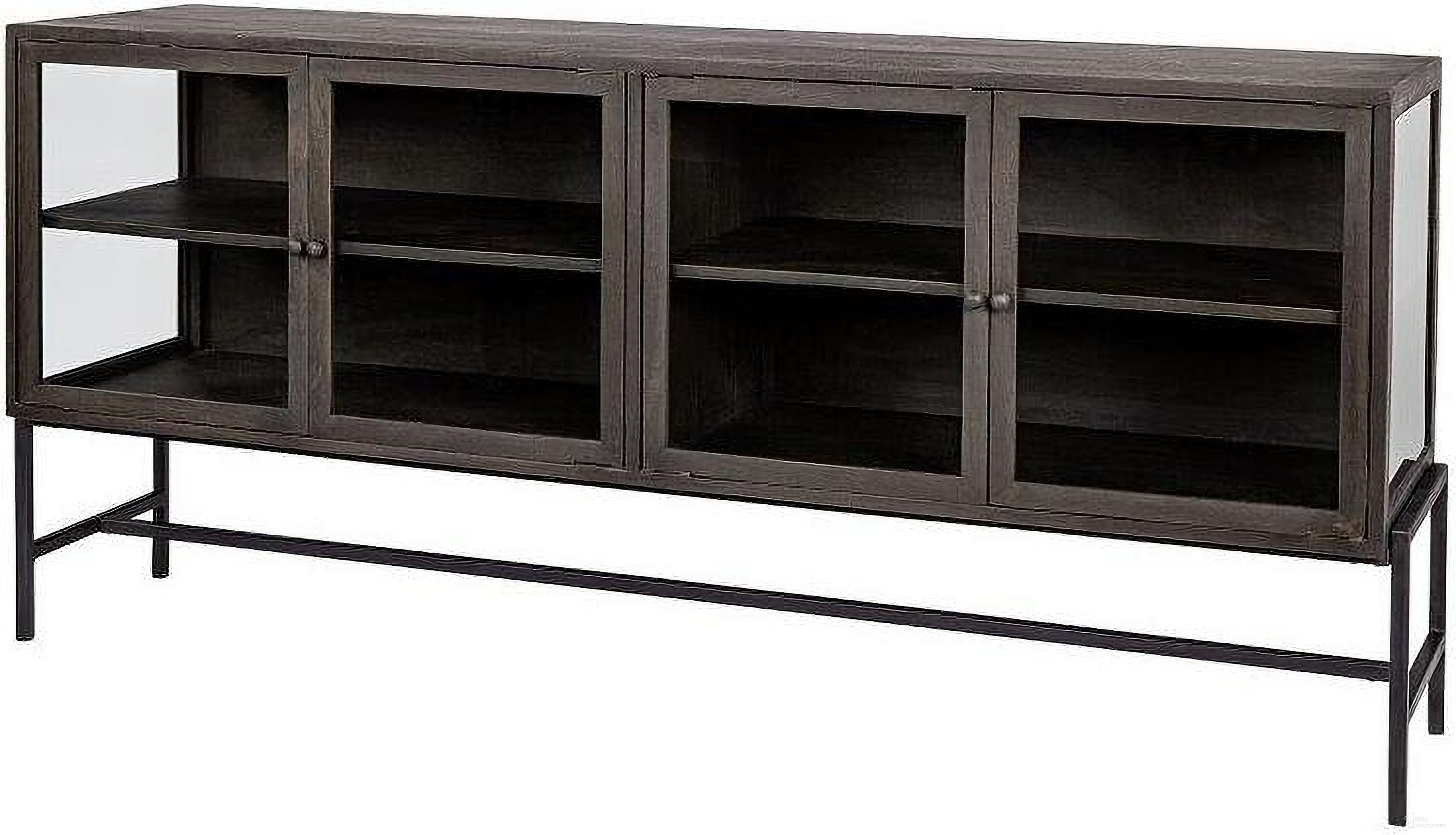 The appearance of Arelius Black-Brown Wood And Black Metal Base With 4 Glass Cabinet Doors Sideboard designed by Mercana in the modern / contemporary interior design. This black and brown piece of furniture was selected by 1StopBedrooms from Arelius Collection to add a touch of cosiness and style into your home. Sku: 69011. Material: Wood.