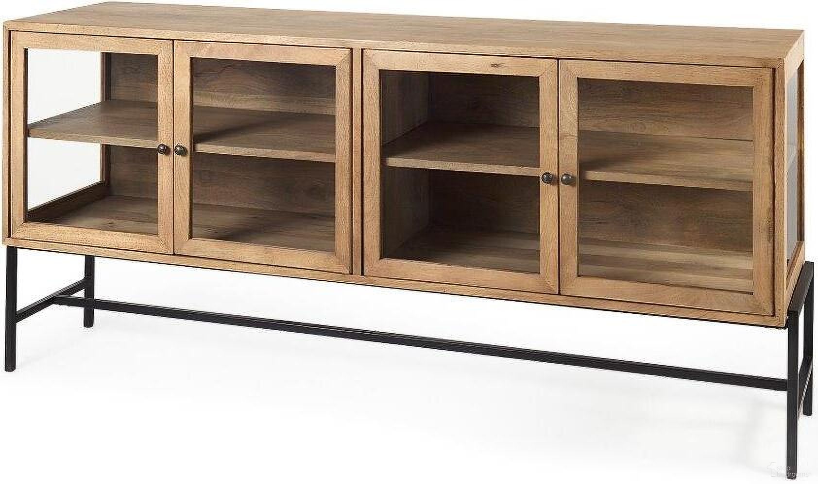 The appearance of Arelius Light Brown Wood And Black Metal Base With 4 Glass Cabinet Doors Sideboard designed by Mercana in the modern / contemporary interior design. This light brown piece of furniture was selected by 1StopBedrooms from Arelius Collection to add a touch of cosiness and style into your home. Sku: 69227. Material: Wood.