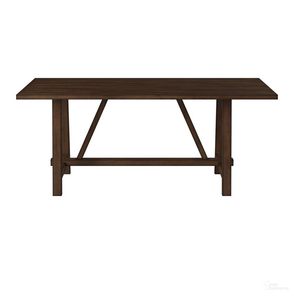 The appearance of Arendal Trestle Rectangular Dining Table In Burnished Dark Oak designed by Alpine in the country / farmhouse interior design. This burnished dark oak piece of furniture  was selected by 1StopBedrooms from Arendal Collection to add a touch of cosiness and style into your home. Sku: 5672-01. Table Base Style: Trestle. Table Top Shape: Rectangular. Size: 40" x 72". Material: Solid Rubberwood.