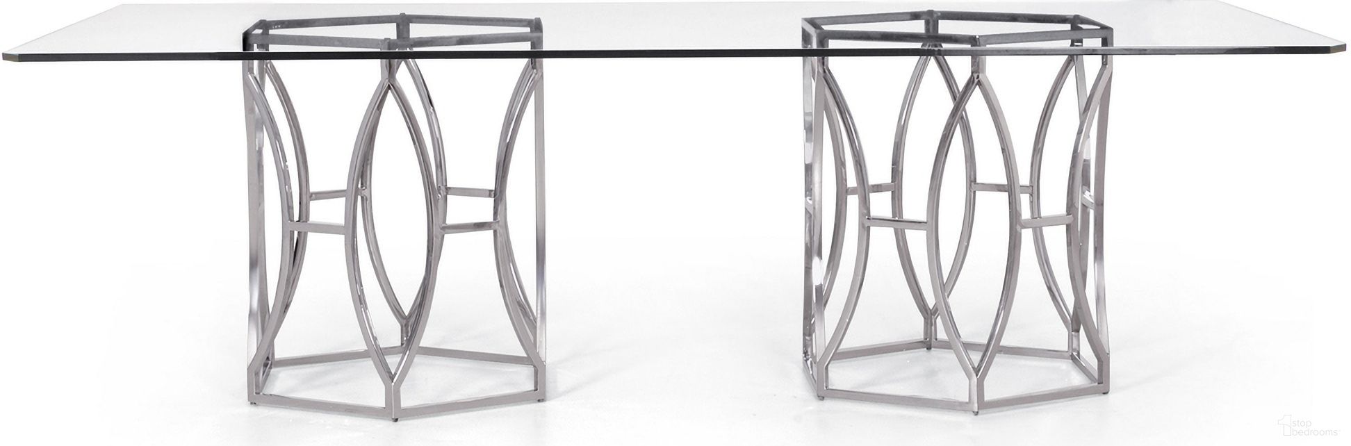 The appearance of Argent Dining Table designed by Bernhardt in the modern / contemporary interior design. This polished steel piece of furniture  was selected by 1StopBedrooms from Argent Collection to add a touch of cosiness and style into your home. Sku: 3261050;326771;326771. Table Base Style: Double Pedestal. Material: Glass. Table Top Shape: Rectangular. Size: 50" x 100".