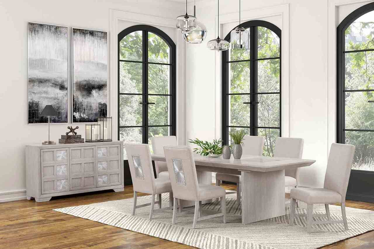 The appearance of Argenthart Dining Room Set In Light Gray designed by Furniture of America in the transitional interior design. This light gray piece of furniture was selected by 1StopBedrooms from Argenthart Collection to add a touch of cosiness and style into your home. Sku: FM3368GY-T;FM3368GY-SC-2PK. Table Top Shape: Rectangular. Material: Engineered Wood. Size: 40" x 90".