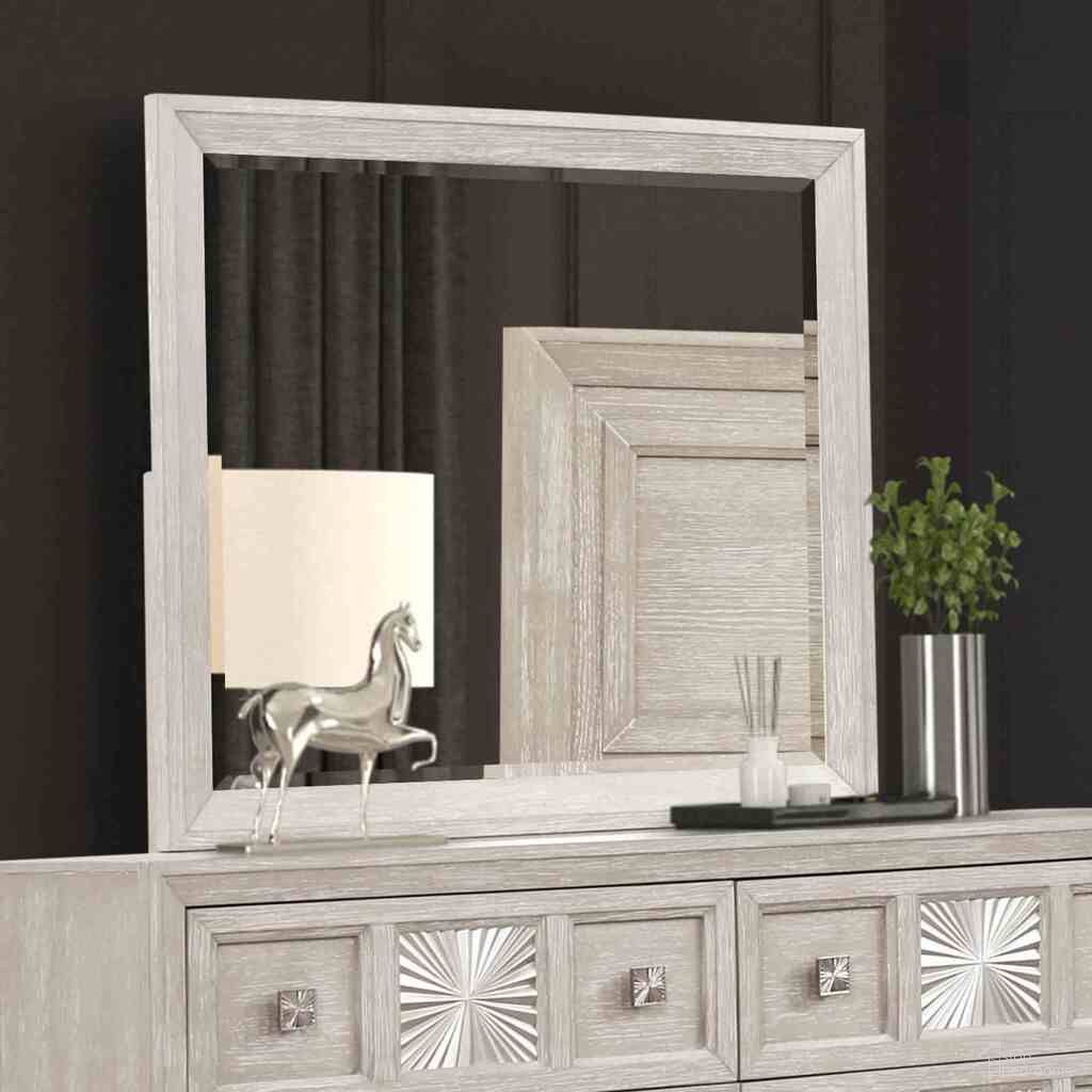 The appearance of Argenthart Mirror In Light Gray designed by Furniture of America in the transitional interior design. This light gray piece of furniture was selected by 1StopBedrooms from Argenthart Collection to add a touch of cosiness and style into your home. Sku: FM7368GY-M. Material: Poplar.