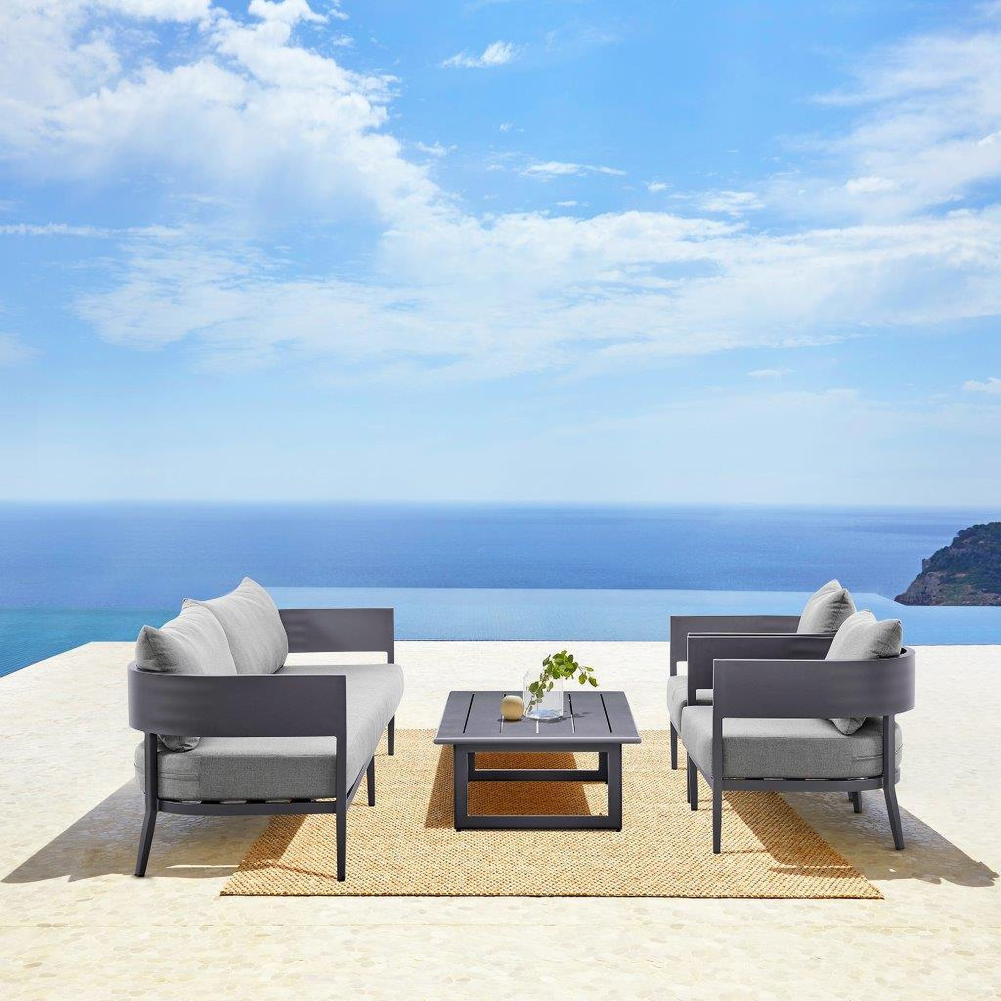 The appearance of Argiope 4 Piece Dark Gray Aluminum And Fabric Outdoor Conversation Set designed by Armen Living in the modern / contemporary interior design. This dark gray piece of furniture was selected by 1StopBedrooms from Argiope Collection to add a touch of cosiness and style into your home. Sku: 840254334052;840254334069;840254334076;840254334083. Material: Aluminum.