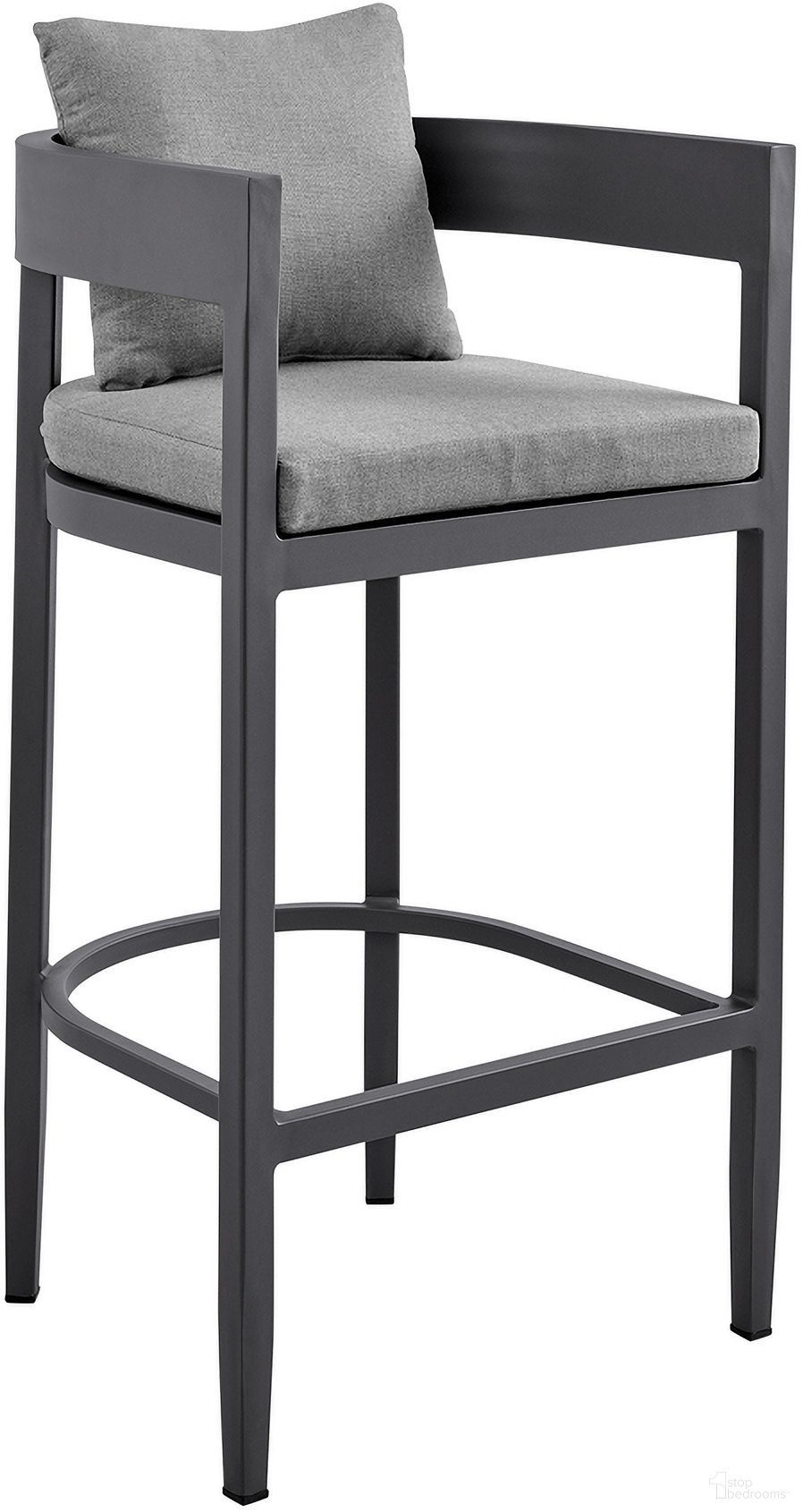 The appearance of Argiope Outdoor Patio Counter Height Bar Stool In Aluminum with Gray Cushions designed by Armen Living in the modern / contemporary interior design. This dark gray piece of furniture was selected by 1StopBedrooms from Argiope Collection to add a touch of cosiness and style into your home. Sku: 840254332966. Material: Aluminum.