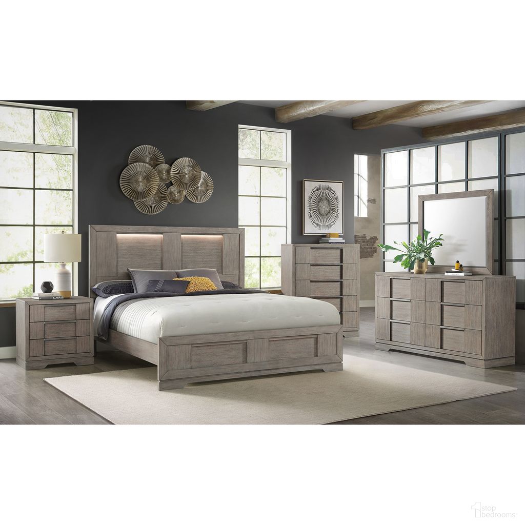 The appearance of Argo Panel Bedroom Set with LED In Grey designed by Picket House in the modern / contemporary interior design. This grey piece of furniture was selected by 1StopBedrooms from Argo Collection to add a touch of cosiness and style into your home. Sku: B-9770-3-QHL;B-9770-3-QF;B-9770-3-QKR;B-9770-3-NS. Bed Size: King. Material: Oak.