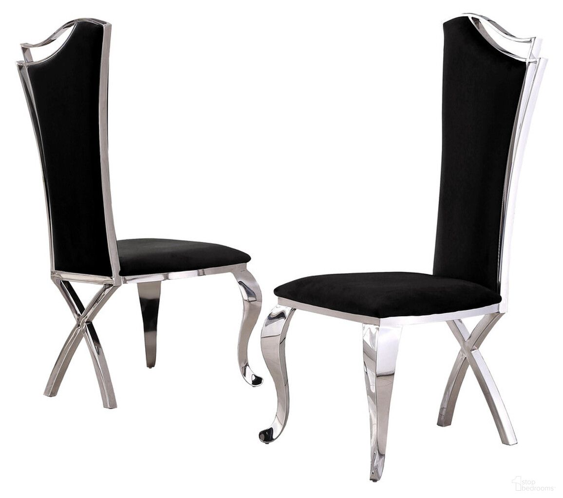 The appearance of Aria Dining Chairs Set of 2 In Black Velvet and Silver Stainless Steel designed by Best Quality Furniture in the modern / contemporary interior design. This silver and black piece of furniture was selected by 1StopBedrooms from Aria Collection to add a touch of cosiness and style into your home. Sku: D14-SC. Material: Velvet. Chair Type: Side Chair.
