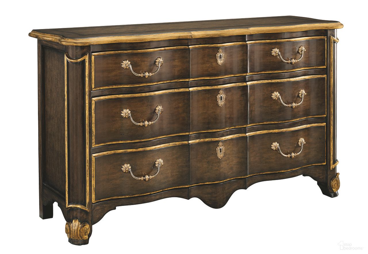 The appearance of Aria Dresser In Aria Brown and Agred Gold designed by Maitland-Smith in the modern / contemporary interior design. This aria brown/agred gold piece of furniture was selected by 1StopBedrooms from Maitland Smith Collection to add a touch of cosiness and style into your home. Sku: 88-0115. Material: Mahogany.
