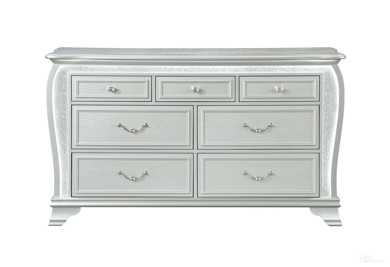 The appearance of Aria Dresser with LED In Silver designed by Global Furniture USA in the modern / contemporary interior design. This silver piece of furniture was selected by 1StopBedrooms from Aria Collection to add a touch of cosiness and style into your home. Sku: ARIA-SILVER-DR W/LED. Material: MDF.