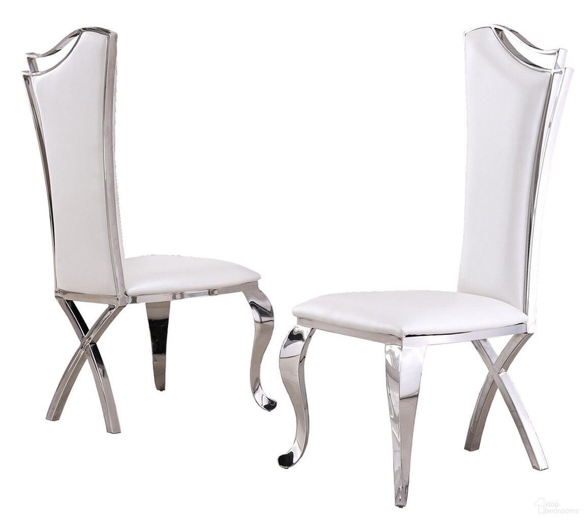 The appearance of Aria Elegant Side Chairs Set of 2 In White Faux Leather and Silver Stainless Steel designed by Best Quality Furniture in the modern / contemporary interior design. This white and silver piece of furniture was selected by 1StopBedrooms from Aria Collection to add a touch of cosiness and style into your home. Sku: SC34. Material: Faux Leather. Chair Type: Side Chair.
