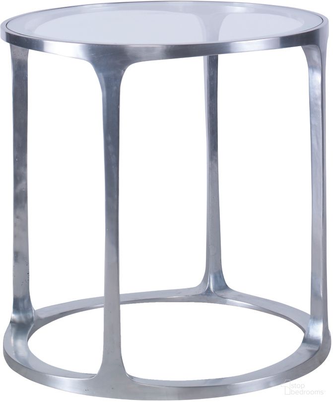 The appearance of Aria Metal Chairside Table In Polished Aluminum designed by Century Furniture in the transitional interior design. This polished aluminum piece of furniture  was selected by 1StopBedrooms from Aria Collection to add a touch of cosiness and style into your home. Sku: C6A-621. Material: Tempered Glass.