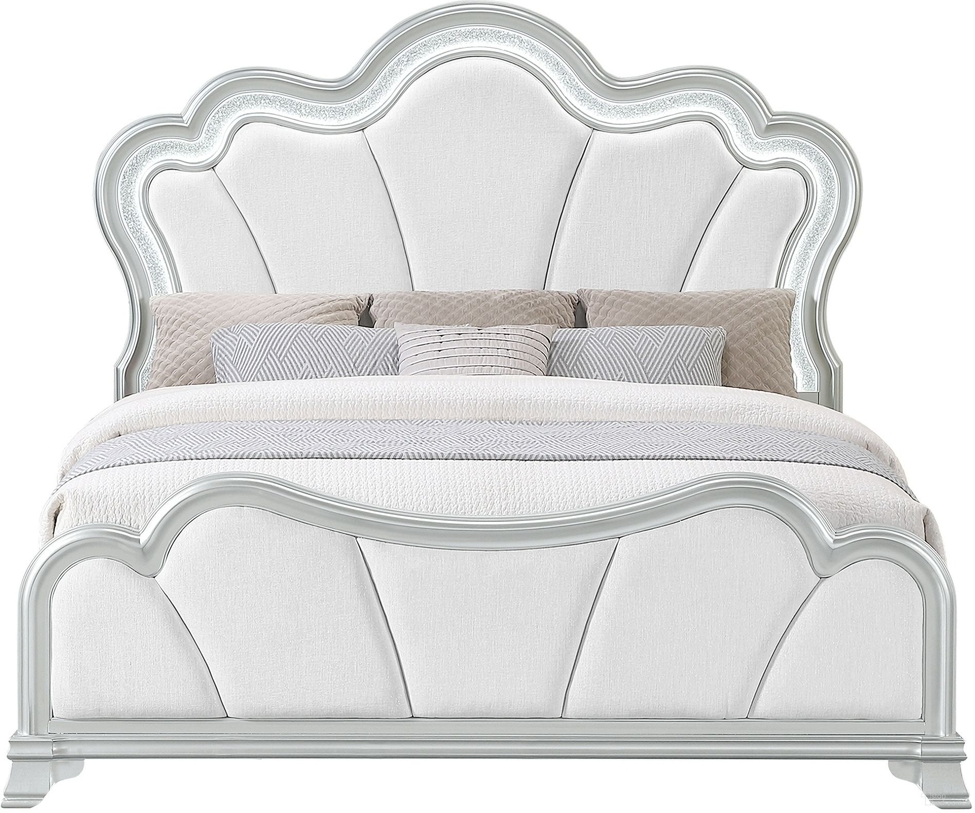 The appearance of Aria Queen Upholstered Bed with LED In Silver designed by Global Furniture USA in the modern / contemporary interior design. This silver piece of furniture was selected by 1StopBedrooms from Aria Collection to add a touch of cosiness and style into your home. Sku: ARIA-SILVER-QB-HB W/LED;ARIA-SILVER-QB-FB;ARIA-SILVER-QB/KB-SR. Bed Size: Queen. Material: MDF. Bed Type: Upholstered Bed.
