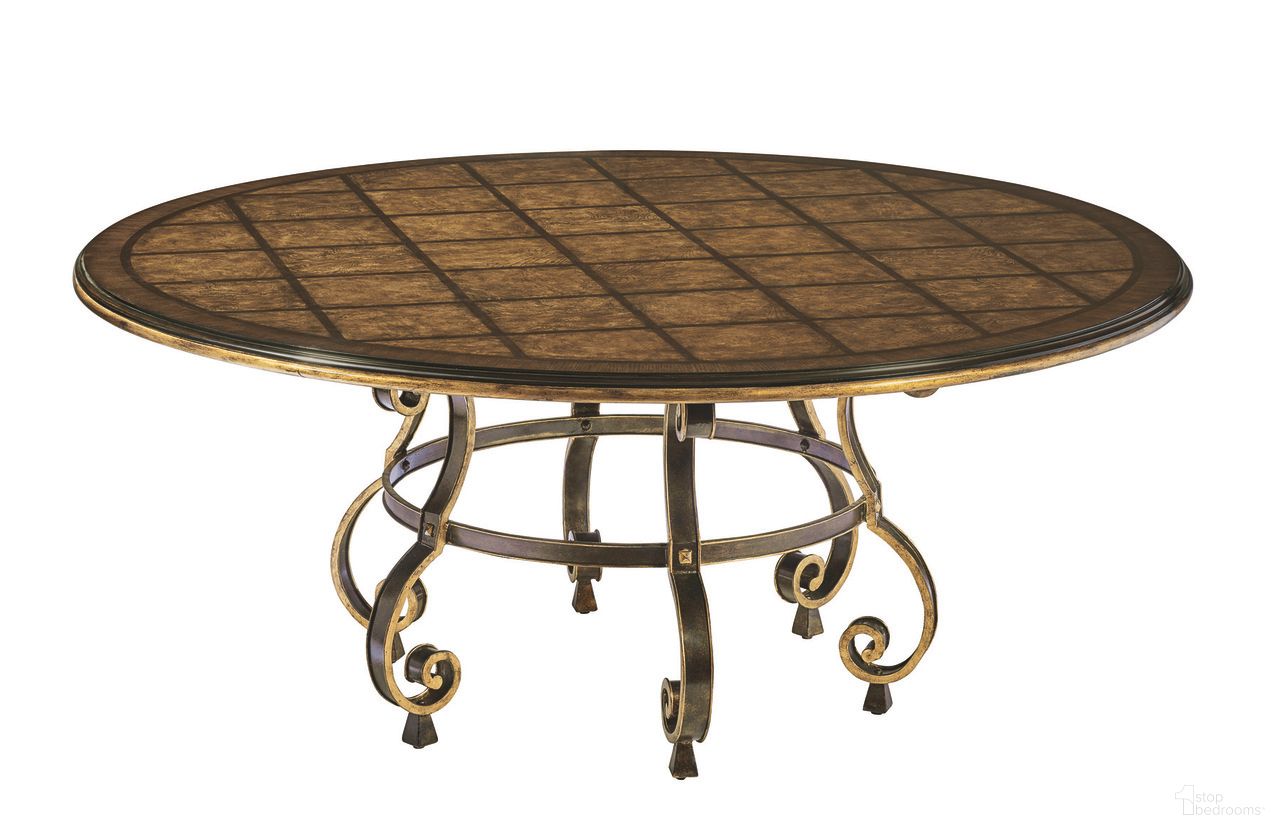 The appearance of Aria Round Dining Table In Brown and Aged Gold designed by Maitland-Smith in the bohemian interior design. This brown/aged gold piece of furniture  was selected by 1StopBedrooms from Maitland Smith Collection to add a touch of cosiness and style into your home. Sku: 88-0108-B;88-0108-T. Table Base Style: Pedestal. Table Top Shape: Round. Size: 72". Material: Mahogany.