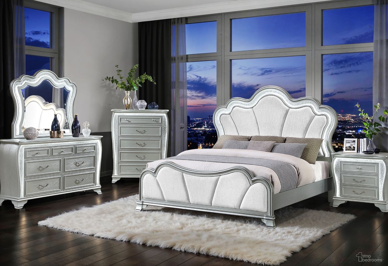The appearance of Aria Upholstered Bedroom Set with LED In Silver designed by Global Furniture USA in the modern / contemporary interior design. This silver piece of furniture  was selected by 1StopBedrooms from Aria Collection to add a touch of cosiness and style into your home. Sku: ARIA-SILVER-QB-HB W/LED;ARIA-SILVER-QB-FB;ARIA-SILVER-QB/KB-SR;ARIA-SILVER-NS W/LED. Bed Size: King. Material: MDF.