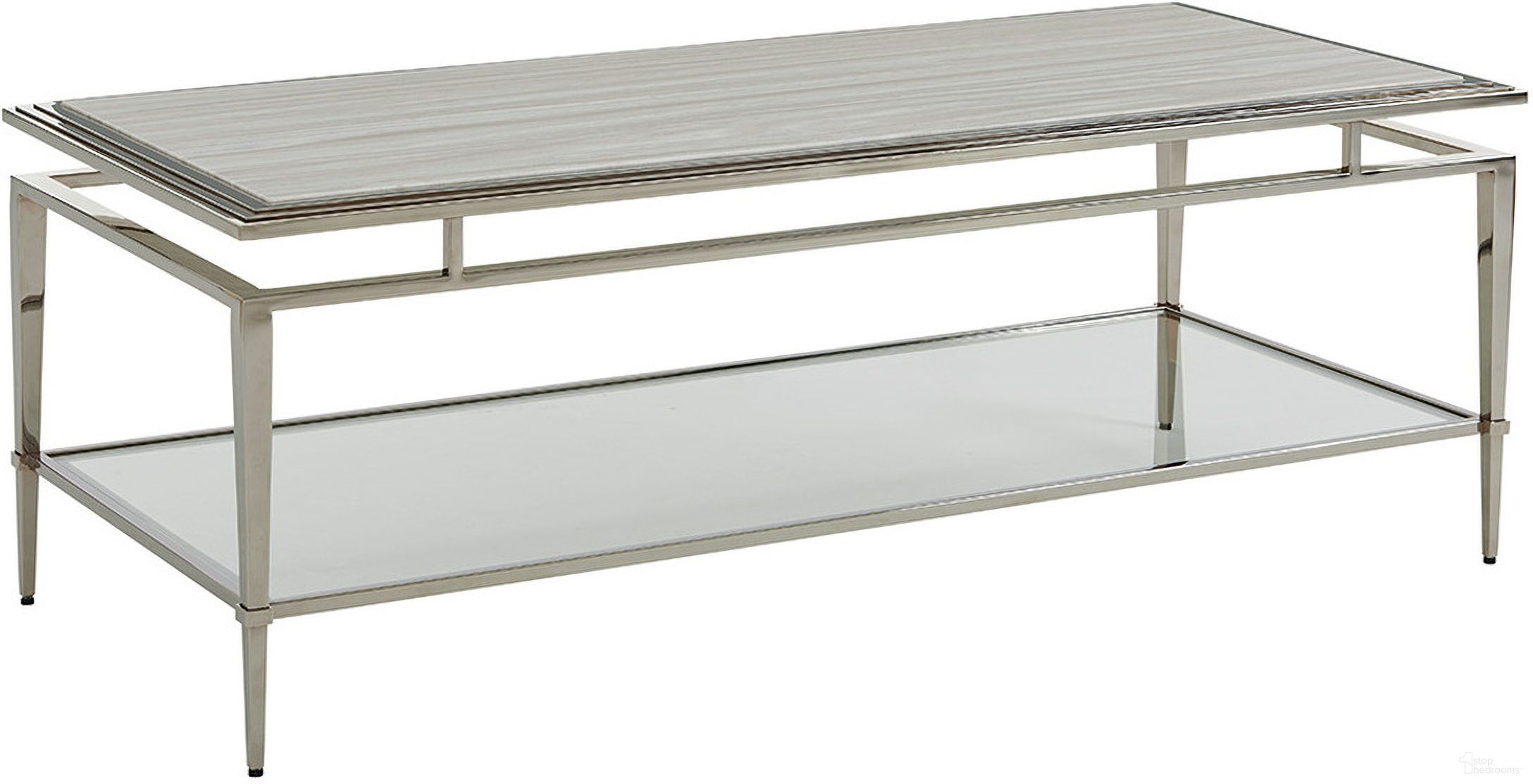 The appearance of Ariana Athene Stainless Cocktail Table In Platinum designed by Lexington in the modern / contemporary interior design. This platinum piece of furniture  was selected by 1StopBedrooms from Ariana Collection to add a touch of cosiness and style into your home. Sku: 732-945C. Material: Marble.