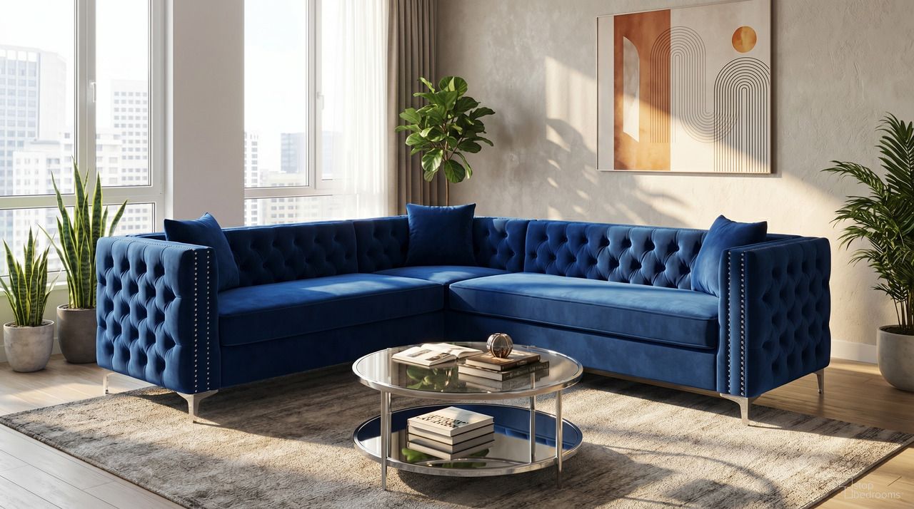 The appearance of Ariana Navy Velvet Tufted 2 Piece Sectional designed by Premier Home in the modern / contemporary interior design. This navy piece of furniture was selected by 1StopBedrooms from Ariana Collection to add a touch of cosiness and style into your home. Sku: FS348-NA-LS;FS348-NA-RC. Material: Velvet. Layout: L-Shape.