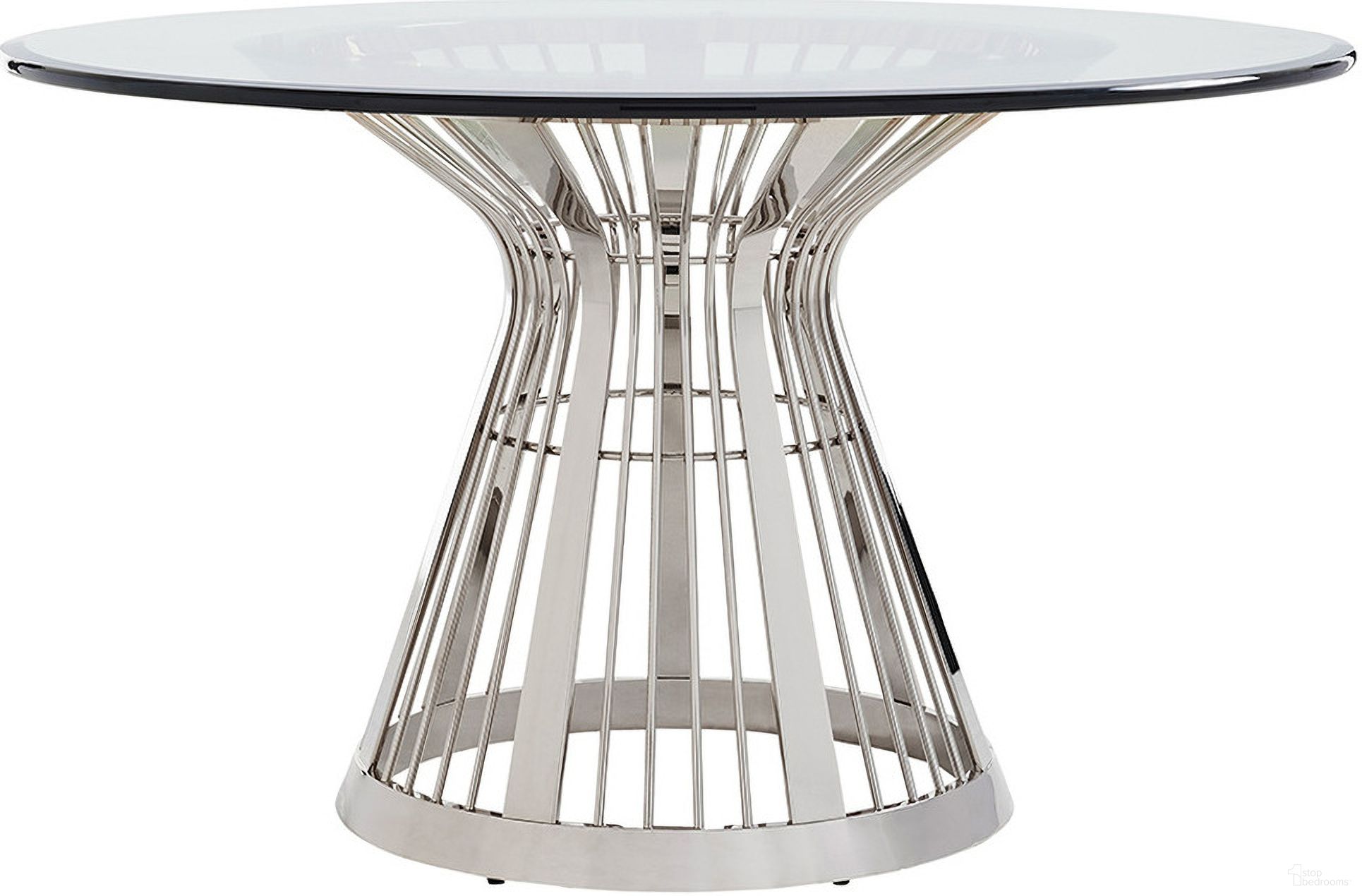 The appearance of Ariana Riviera Stainless Dining Table with 54 Inch Glass Top In Platinum designed by Lexington in the modern / contemporary interior design. This platinum piece of furniture was selected by 1StopBedrooms from Ariana Collection to add a touch of cosiness and style into your home. Sku: 732-875-54C. Table Base Style: Pedestal. Table Top Shape: Round. Material: Marble. Size: 54".