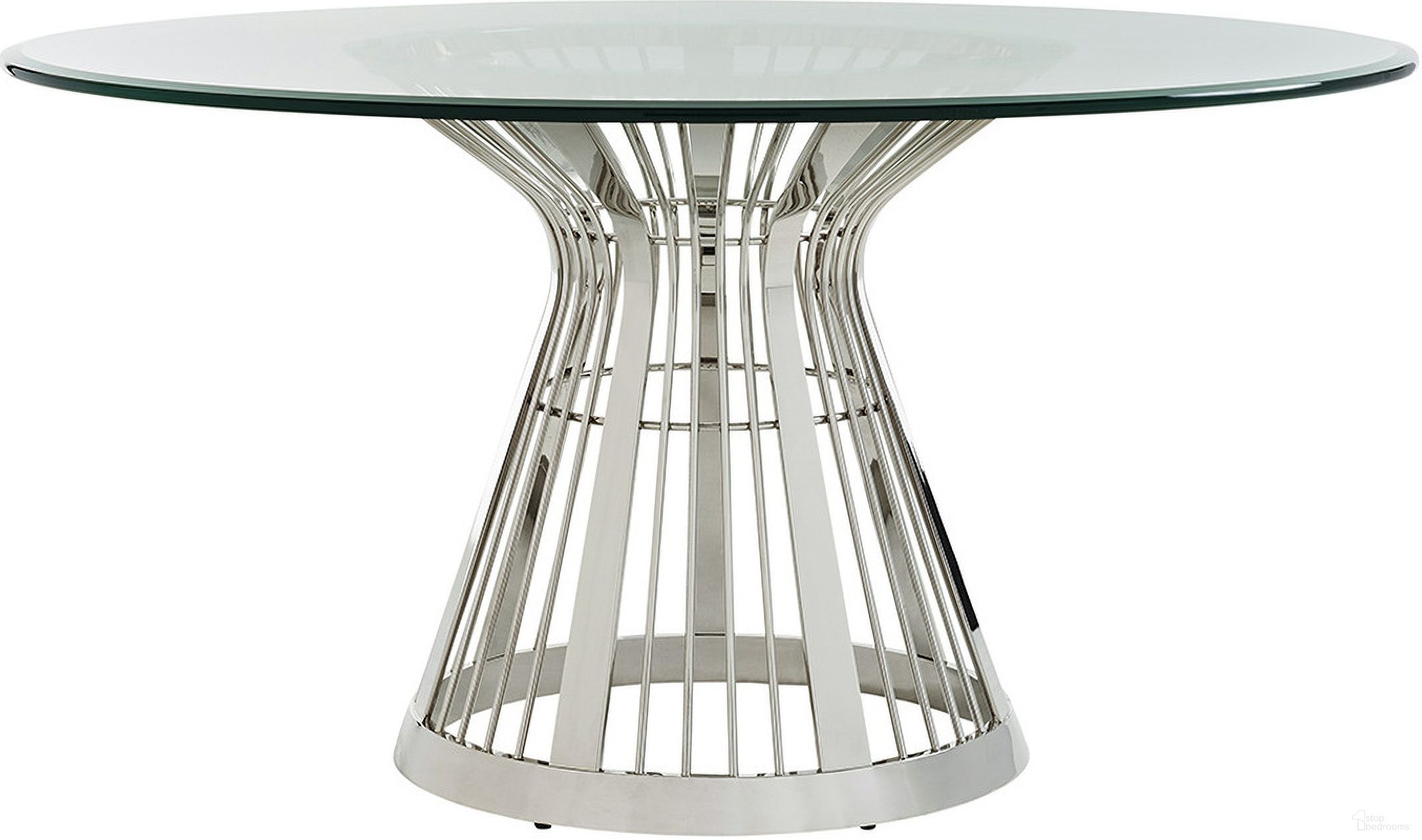 The appearance of Ariana Riviera Stainless Dining Table with 60 Inch Glass Top In Platinum designed by Lexington in the modern / contemporary interior design. This platinum piece of furniture  was selected by 1StopBedrooms from Ariana Collection to add a touch of cosiness and style into your home. Sku: 732-875-60C. Table Base Style: Pedestal. Table Top Shape: Round. Material: Marble. Size: 60".