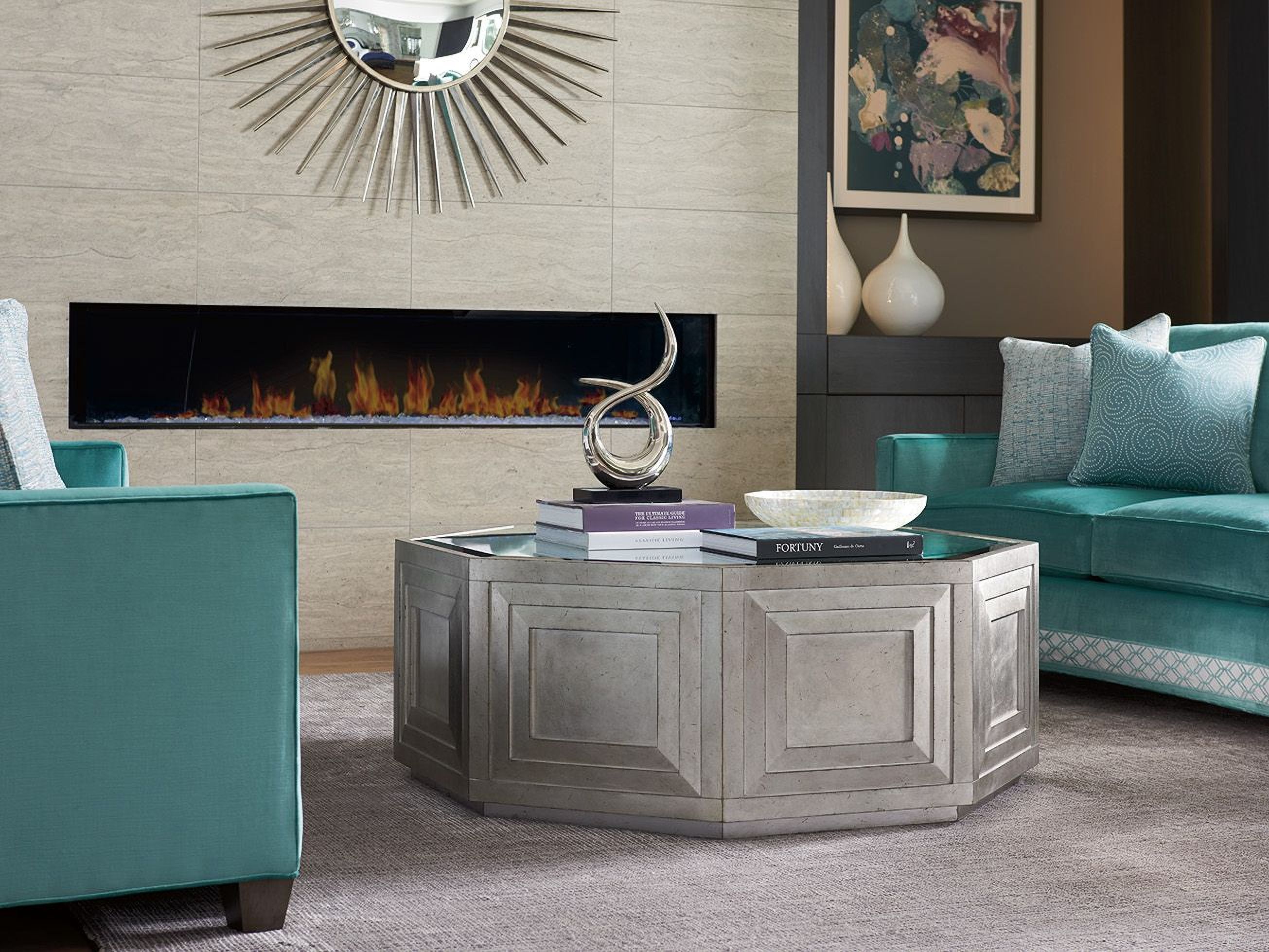 The appearance of Ariana Rochelle Octagonal Occasional Table Set designed by Lexington in the modern / contemporary interior design. This silver leaf piece of furniture was selected by 1StopBedrooms from Ariana Collection to add a touch of cosiness and style into your home. Sku: 733-947;732-951. Material: Marble.
