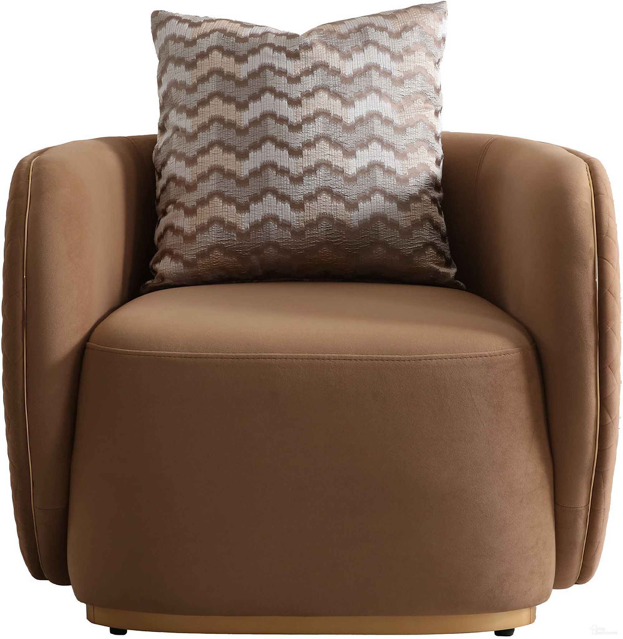 The appearance of Ariana Velvet Accent Chair In Caramel and Gold designed by Michael Amini in the transitional interior design. This caramel/gold piece of furniture  was selected by 1StopBedrooms from Ariana Collection to add a touch of cosiness and style into your home. Sku: LFR-ARNA835-CML-806. Material: Beech.